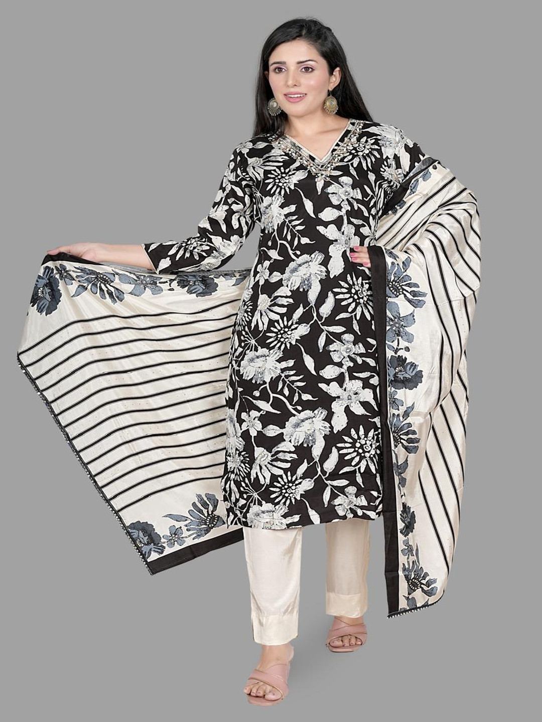 KRITHA Floral Printed V-Neck Pure Silk Straight Kurta With Harem Pants And Dupatta