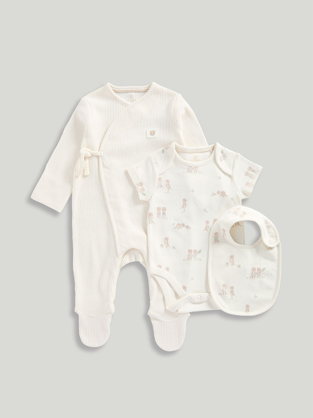 mothercare Kids 3-Piece Soft Melody Pure Cotton Meerkat Sleepsuit With Bodysuit & Bib