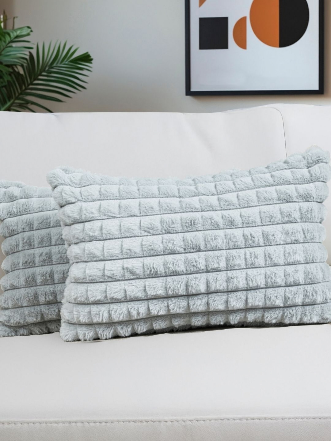 HOMADORN Silver Checked Polyester Silk Ultra Soft 2 Pcs Rectangle Cushion Covers -12x20In