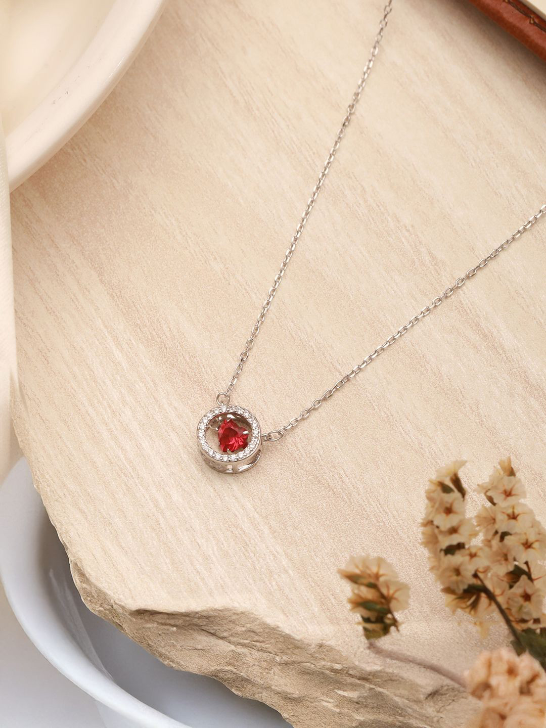 SARAF SILVERETZ 925 Sterling Silver-Plated Red Ruby Zircon Studded Chain