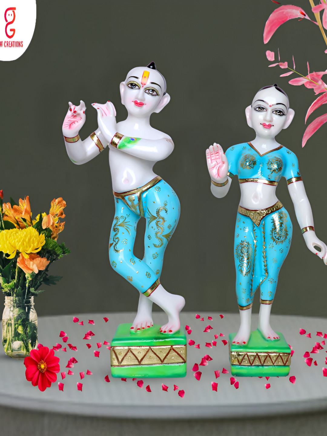 GW CREATIONS Jugal Jodi Blue Marble Matte Living Room Set of 2 Large Showpieces - 3.9 Inches