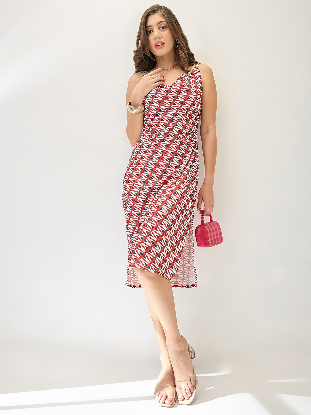 Globus Cowl Neck Metal Shoulder Straps Side Slits Sheath Midi Party Dress