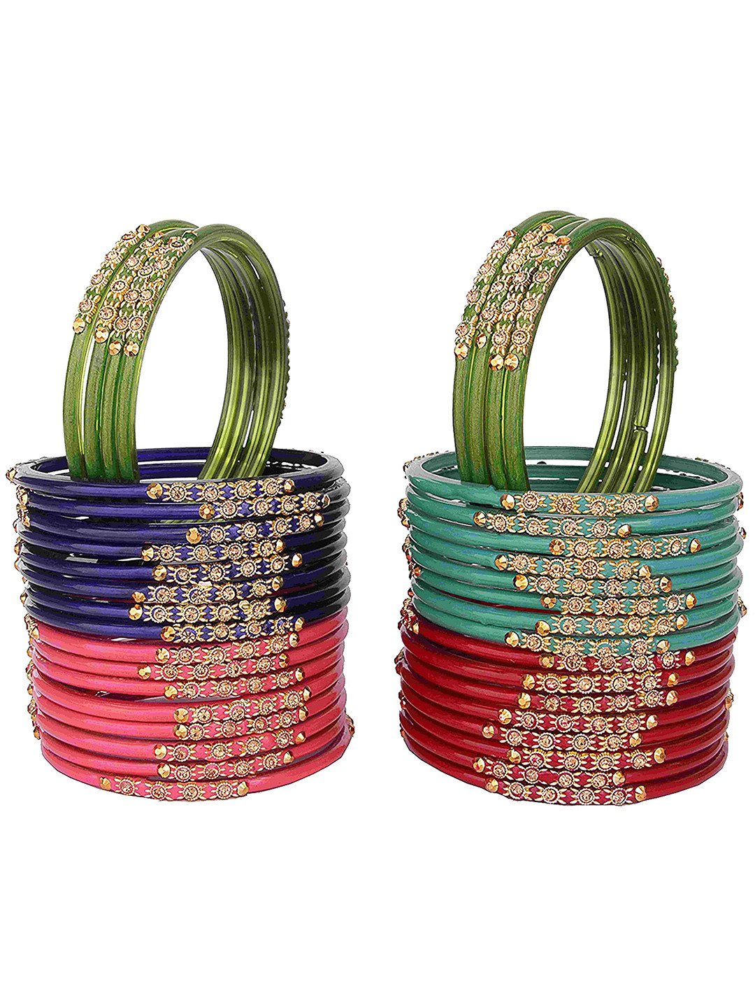 ZULKA Set Of 40 Glass With Adhesive American Diamond Studded & Golden Beaded Bangles