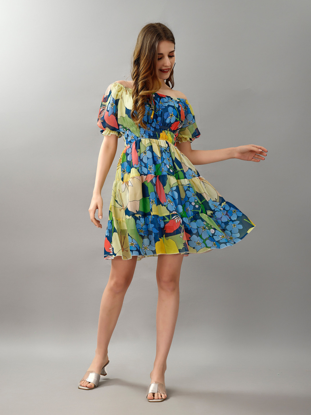 Attire Empire Floral Print Puff Sleeve Chiffon A-Line Mini Dress