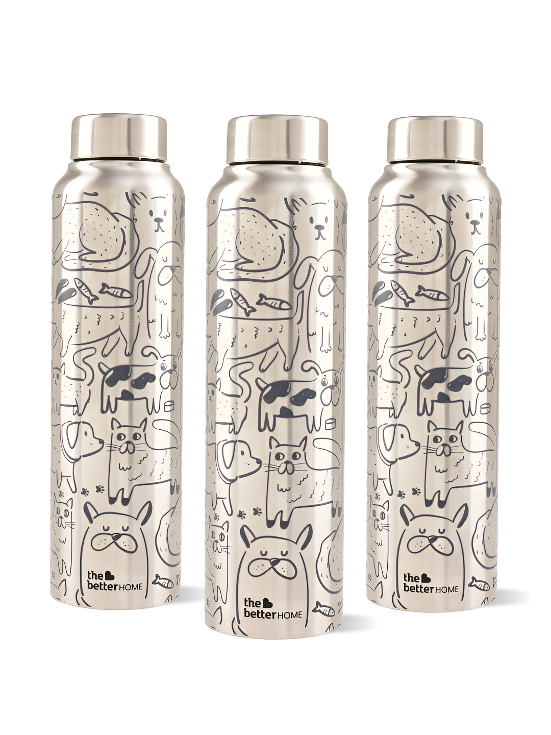 The Better Home Multicoloured Set of 3 Stainless Steel Solid Water Bottle