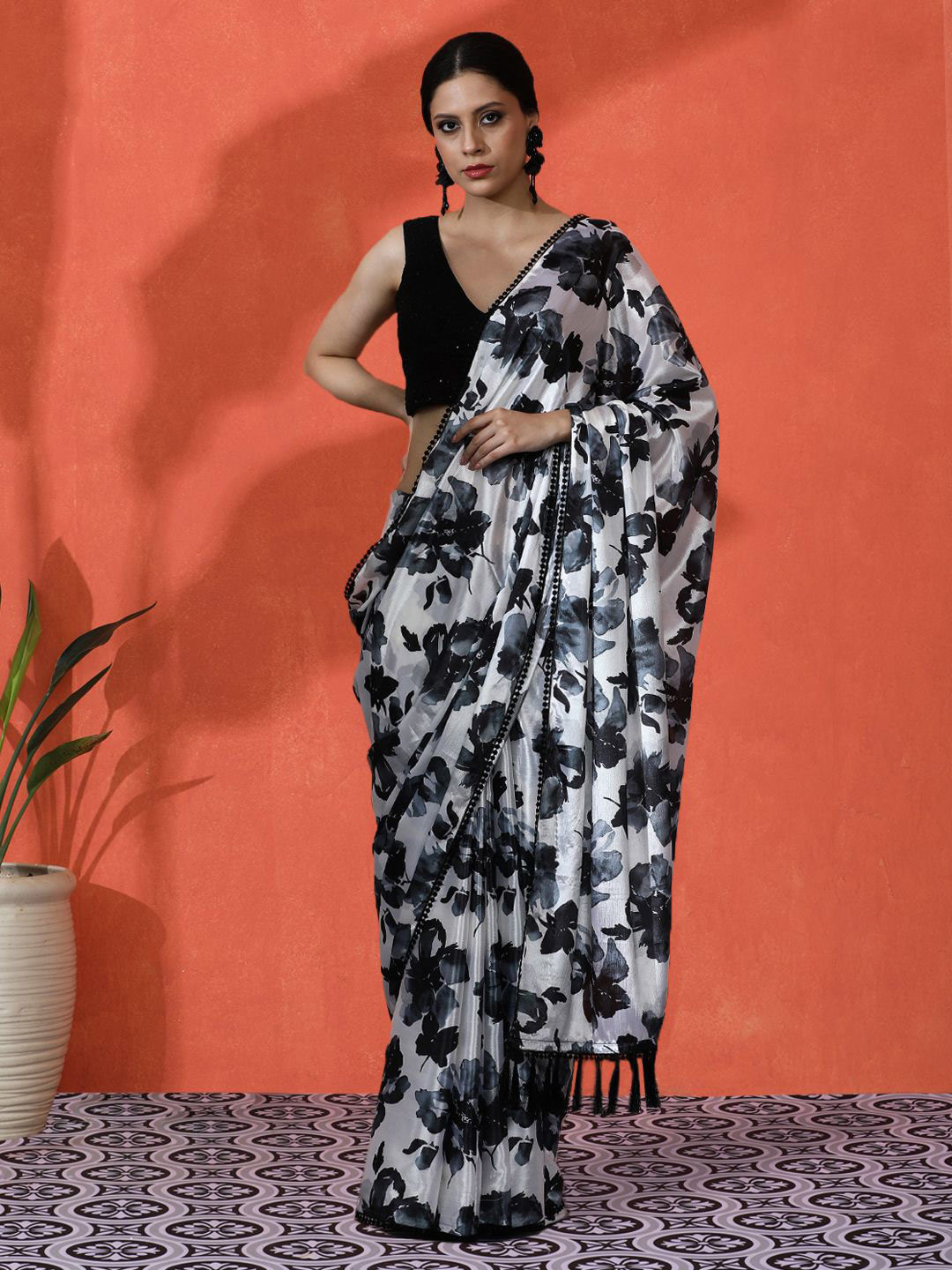 Sangria Embellished Floral Printed Digital Printed Satin Saree With Blouse Piece