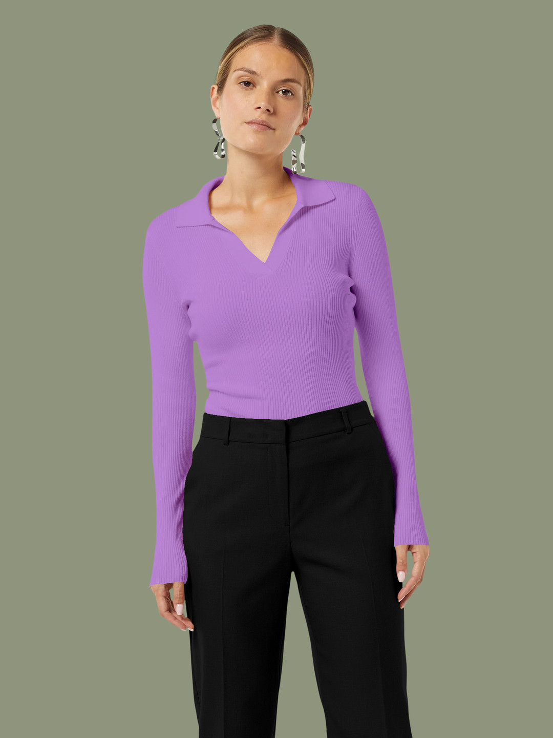 Dream Beauty Fashion Women XS Ribbed Shirt Collar Full Sleeves Regular Top