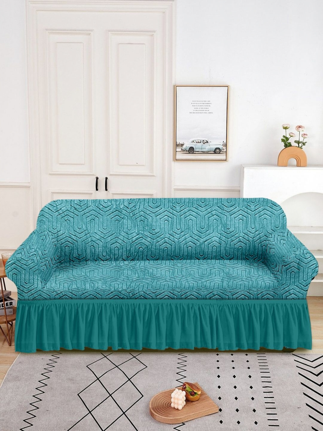 Myntra Elegant Homes Frill Jacquard Stretch Fit Straight 2 Seater Sofa Cover-73x57In