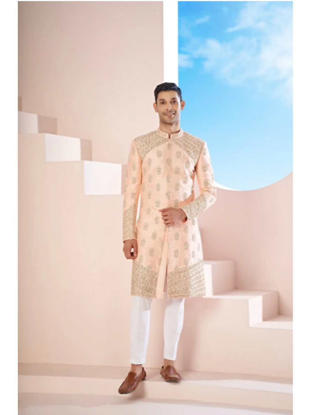 HILO DESIGN Embroidered Pure Silk Vexella Sherwani Set