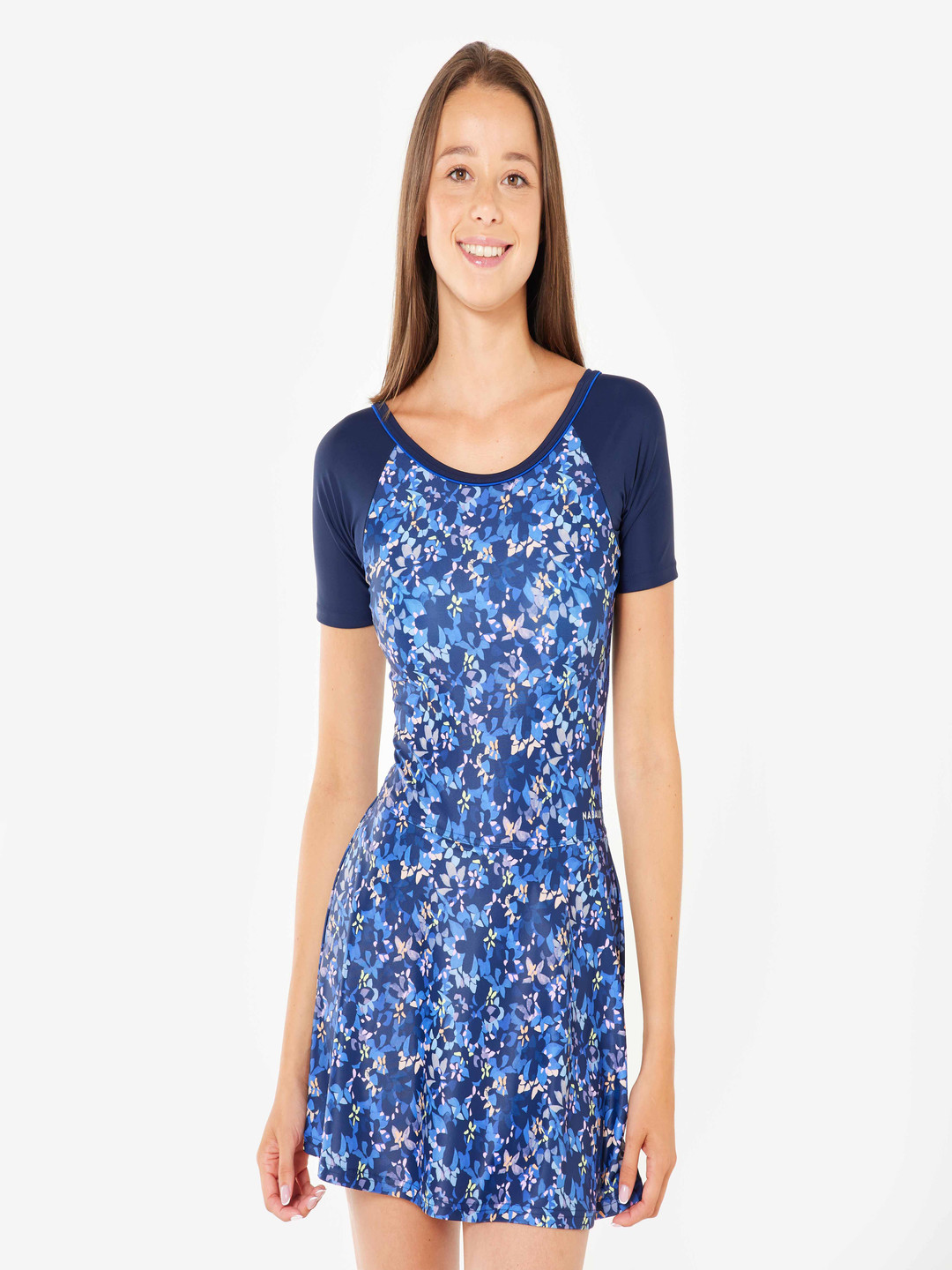 Decathlon  Womens Blue Floral Printed Half-Sleeve Swimsuit With Shorts