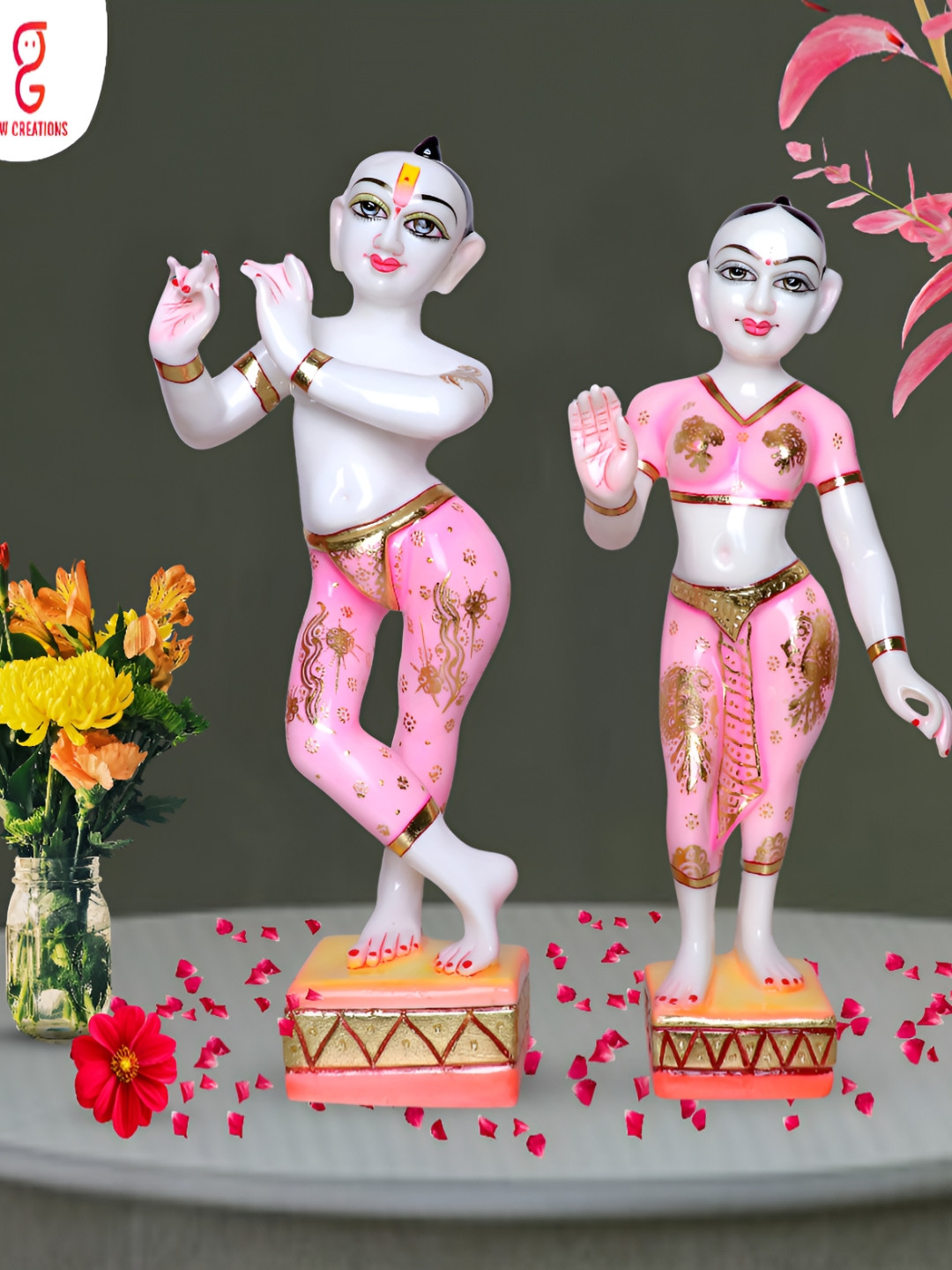 GW CREATIONS Jugal Jodi Pink Marble Glossy Prayer Room Set of 2 Large Showpieces - 3.9 Inches