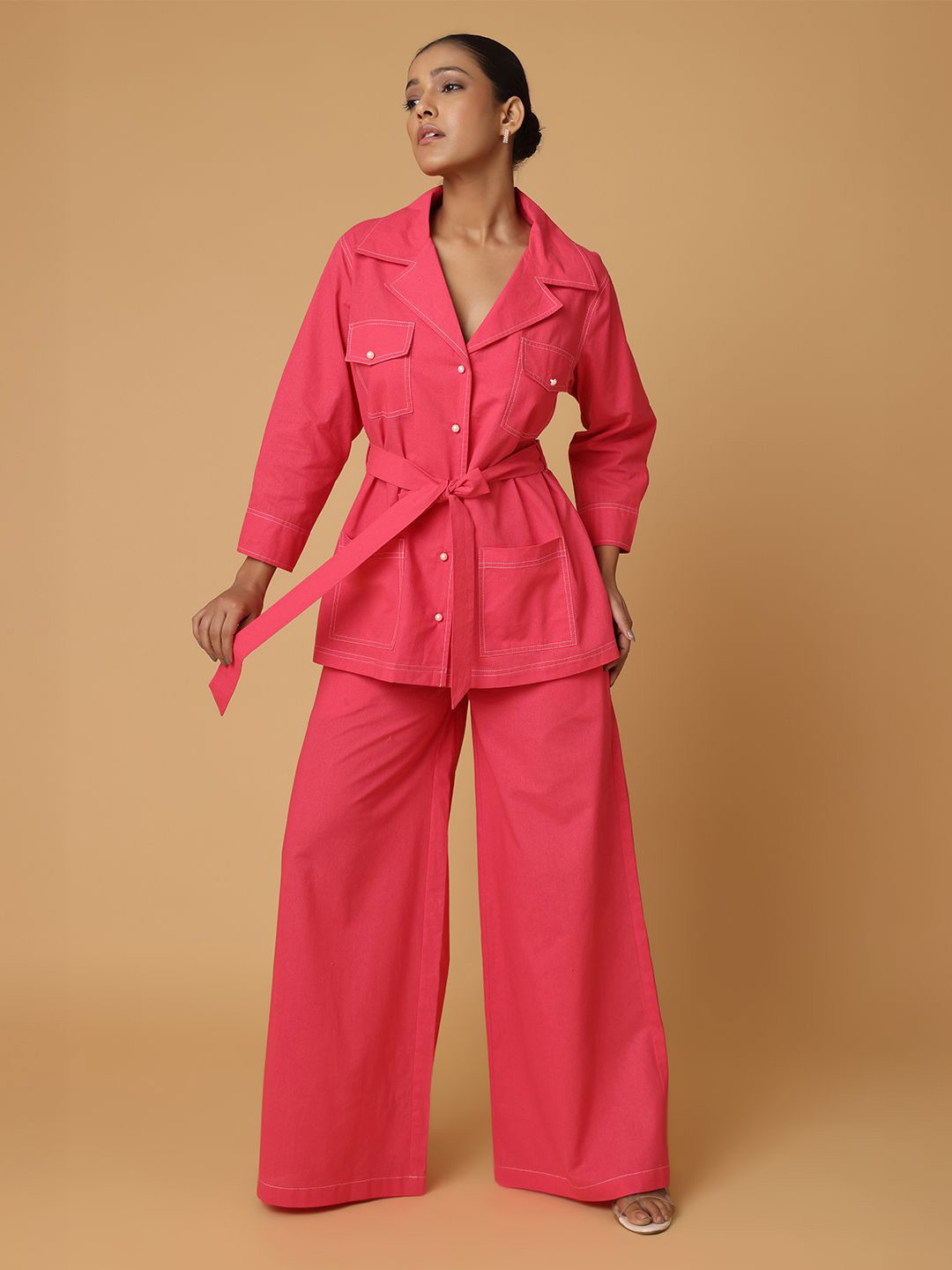 Blanc9 Women Pink Shirt & Trousers With Contrast Thread Co-Ord Set