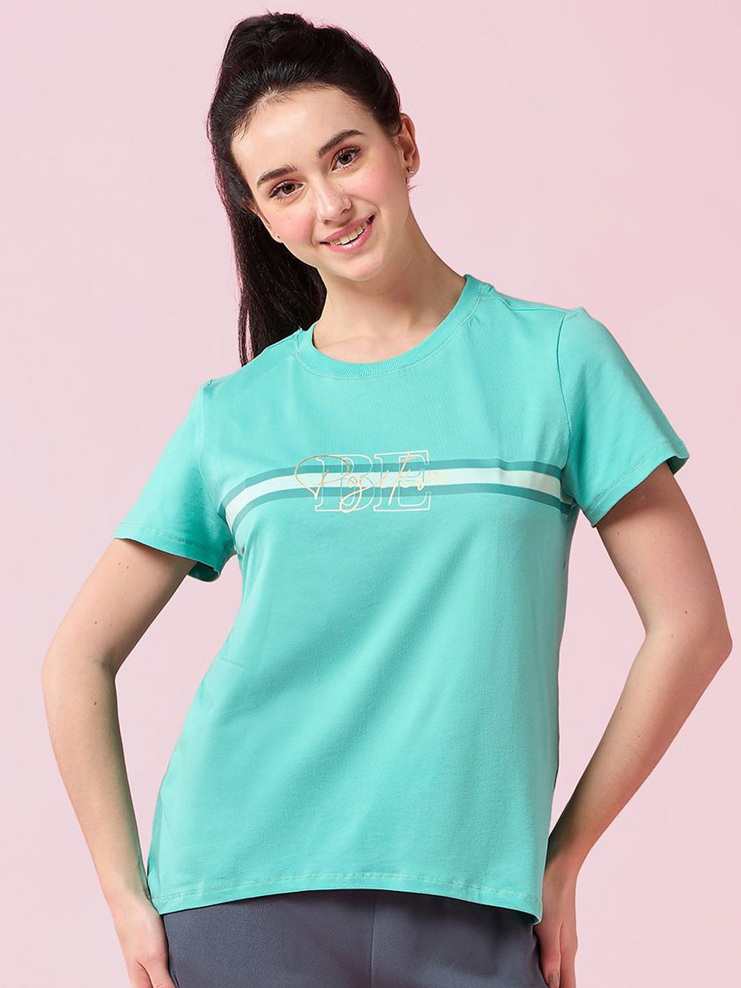 Enamor Striped Crew Neck Stretch High-Low Lounge T-Shirt