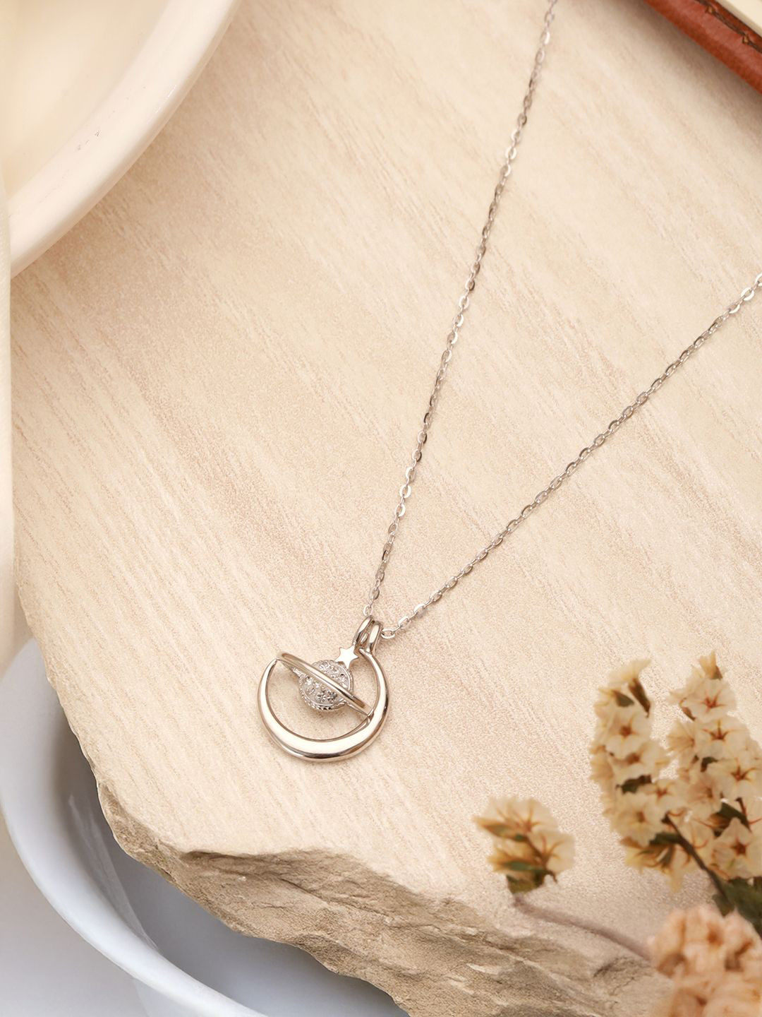 SARAF SILVERETZ Silver-Plated Cubic Zirconia-Studded Saturn-Shaped Pendant With Chain