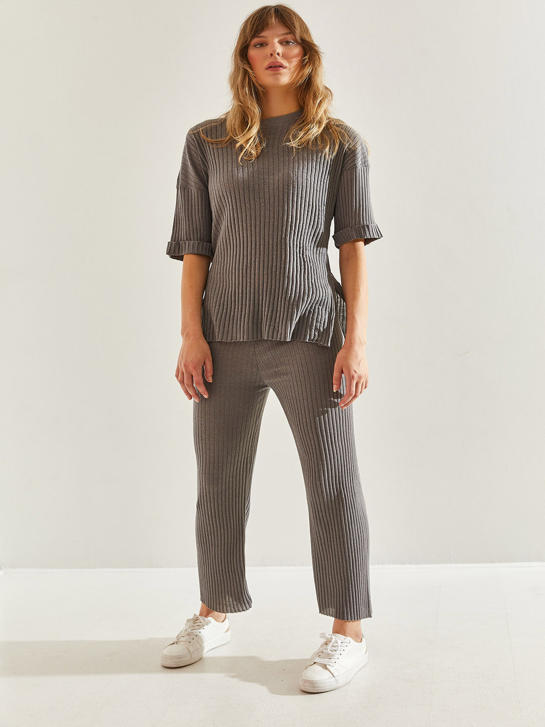 BIANCO LUCCI Ribbed Round Neck T-Shirt With Trousers Co-Ords