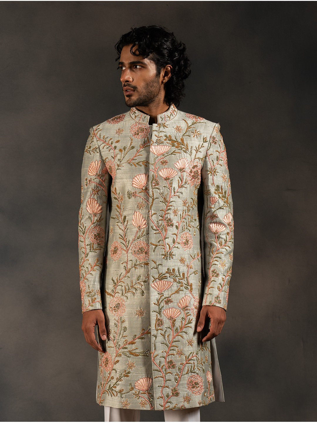 HILO DESIGN Embroidered Pure Silk Minty Sherwani Set