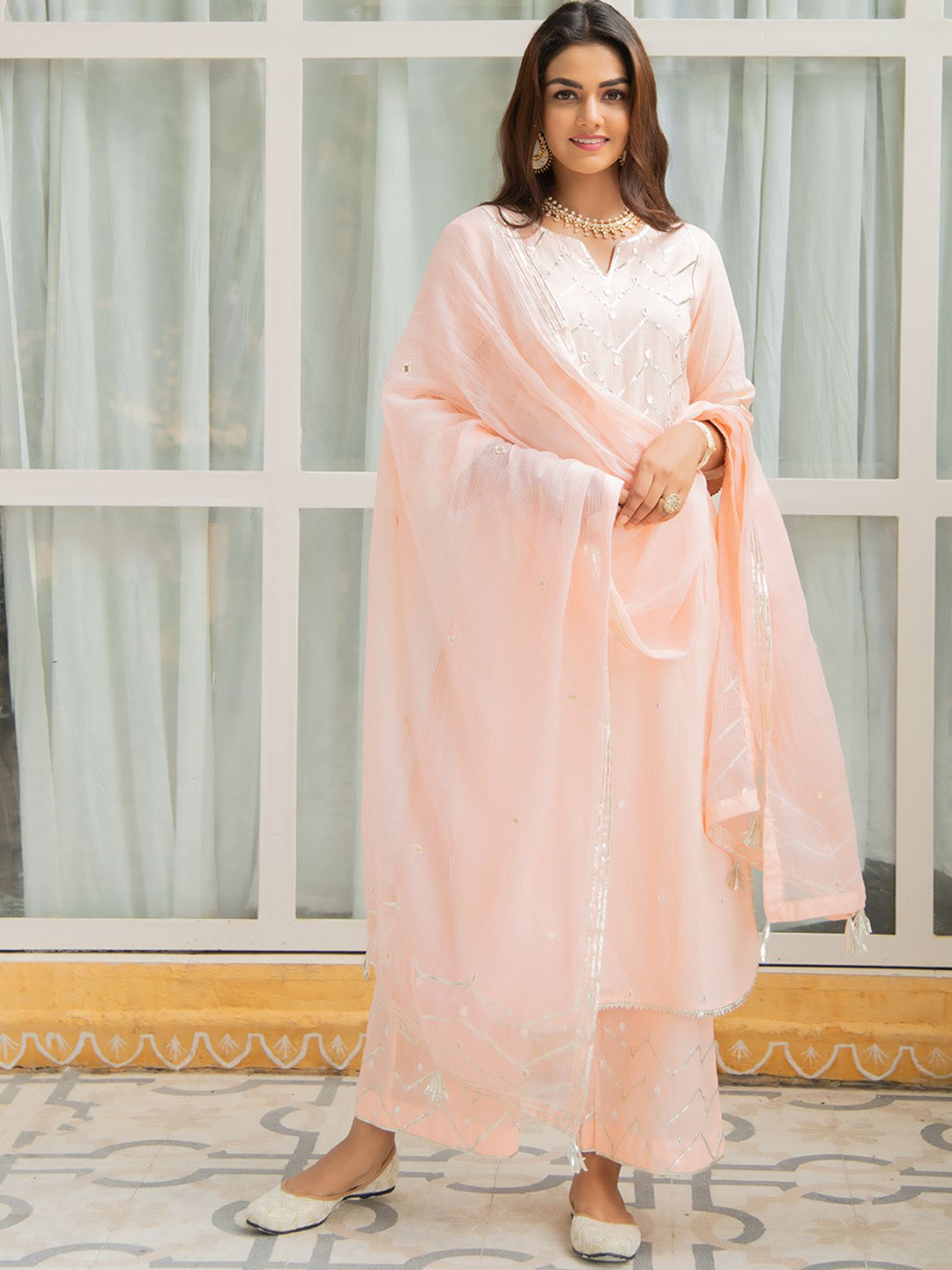 MAISON SHEFALI Women Embroidered Regular Gotta Patti Pure with Palazzos & With Dupatta