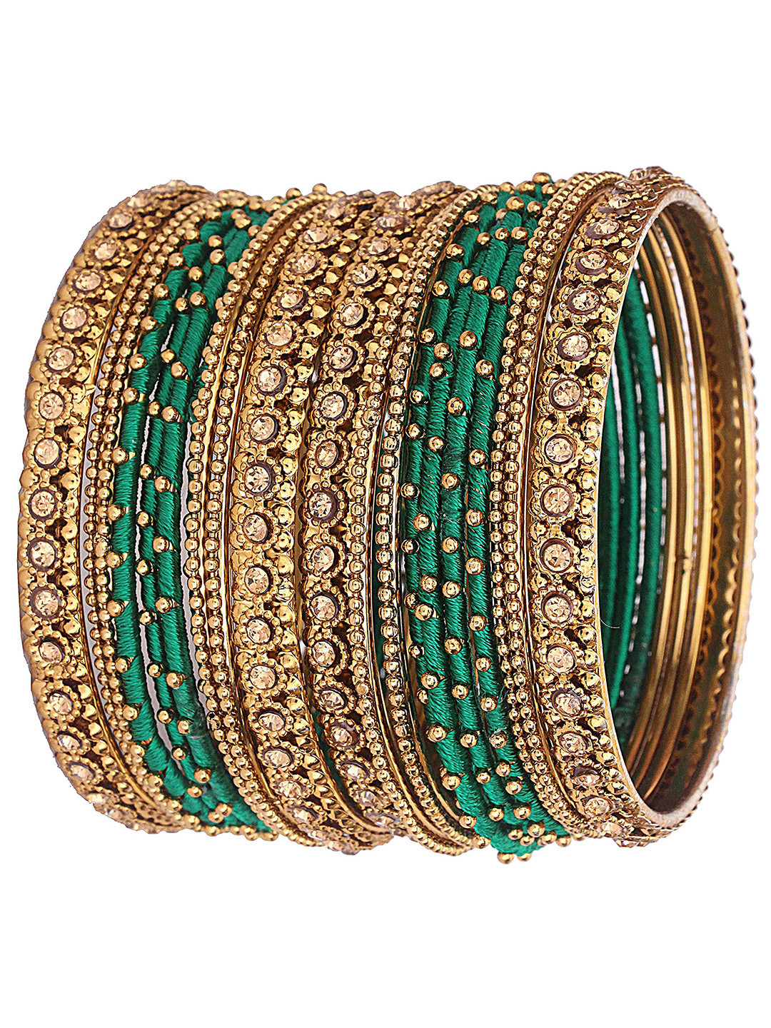 ZULKA Set Of 28 Metal With Silk Thread and Zircon Gemstone Worked Traditional Bangles