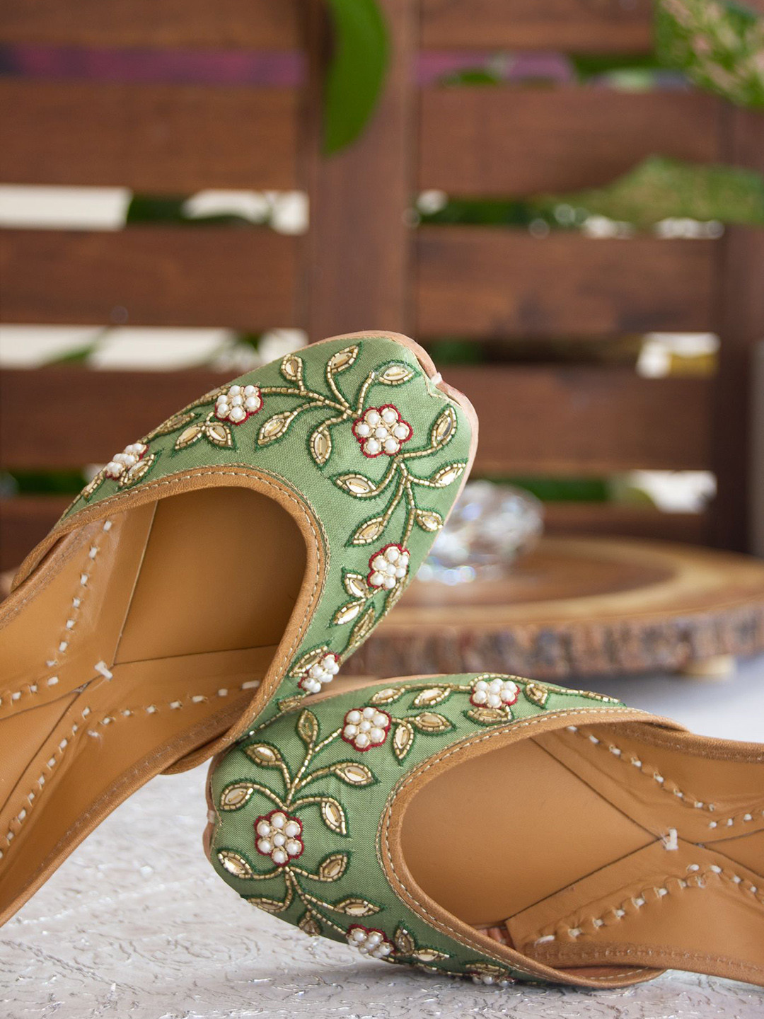 Amaryllis for her Women Olive green-Coloured Embellished Ethnic Mojaris Flats