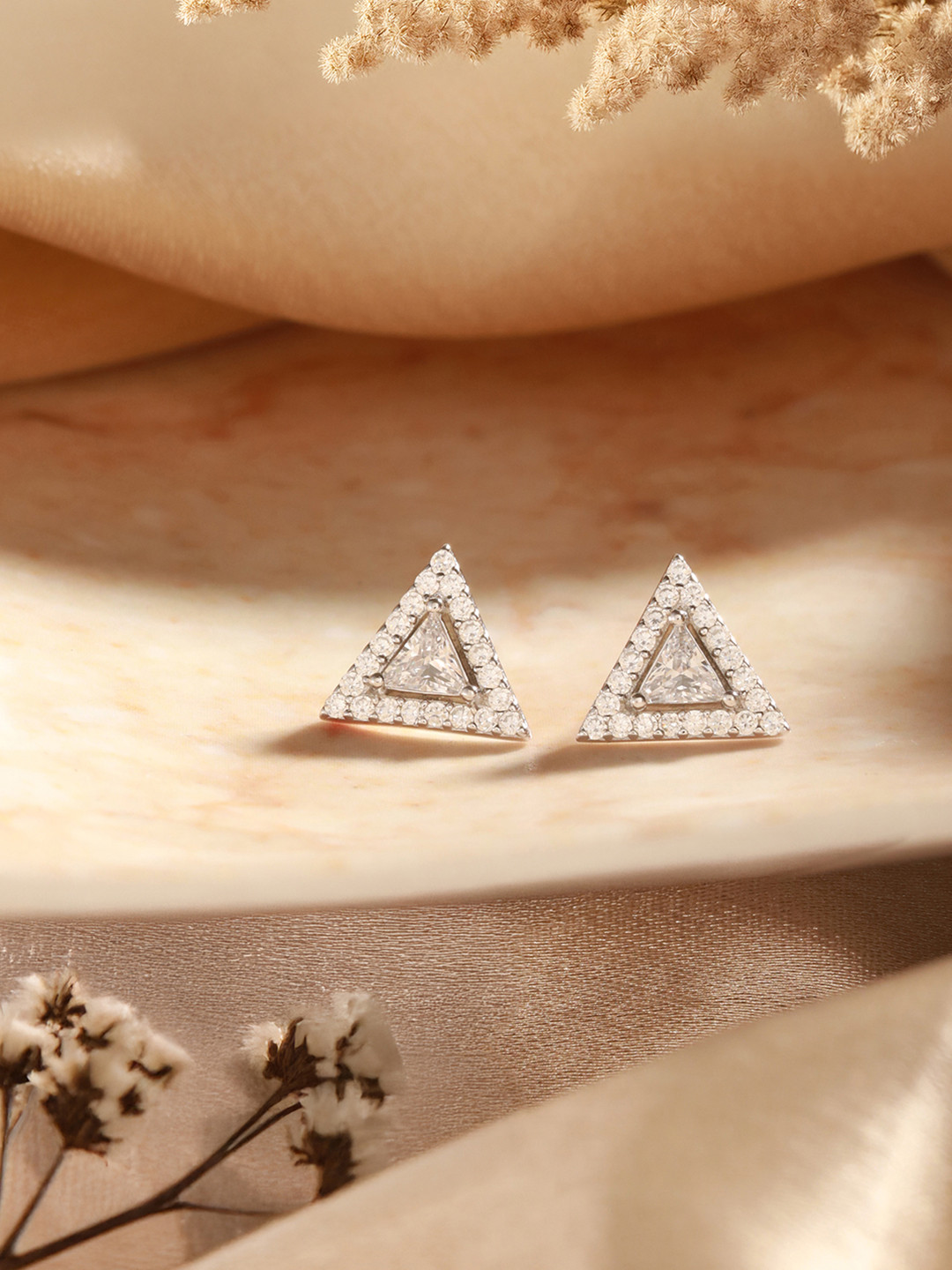 SARAF SILVERETZ 925 Sterling Silver-Plated Zircon Studded Pyramid Shaped Studs
