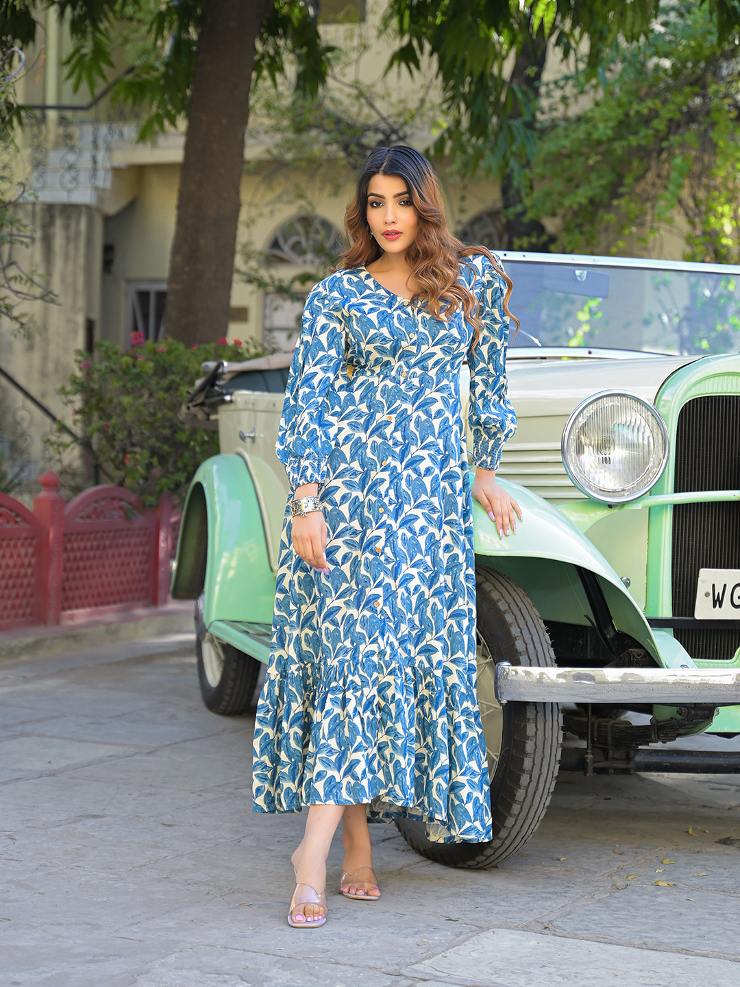 Divena Floral Print Puff Sleeve Fit & Flare Maxi Dress