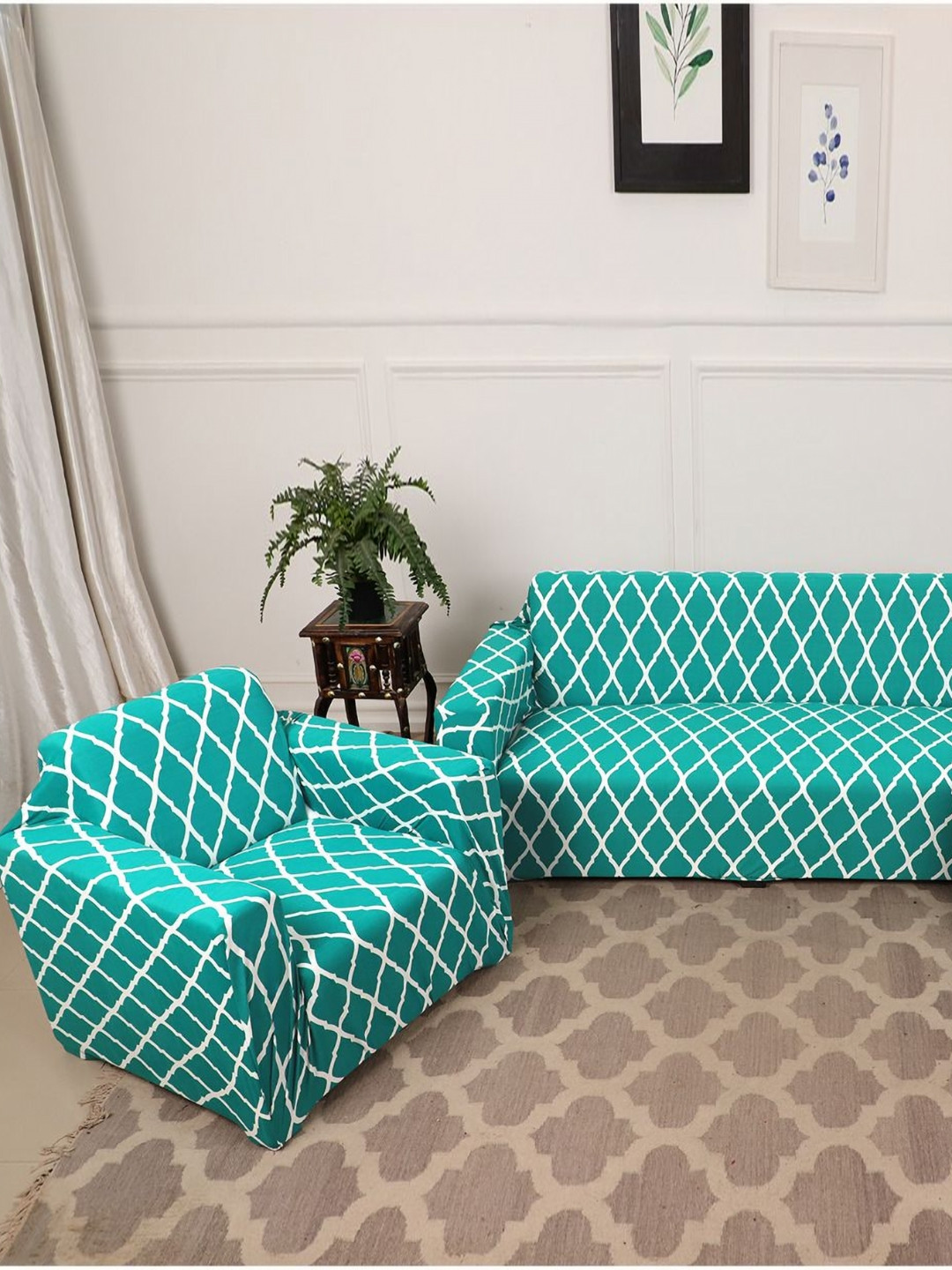 GIFTS ISLAND Teal & White Printed Polyester 3 Piece Sofa Cover With Arms