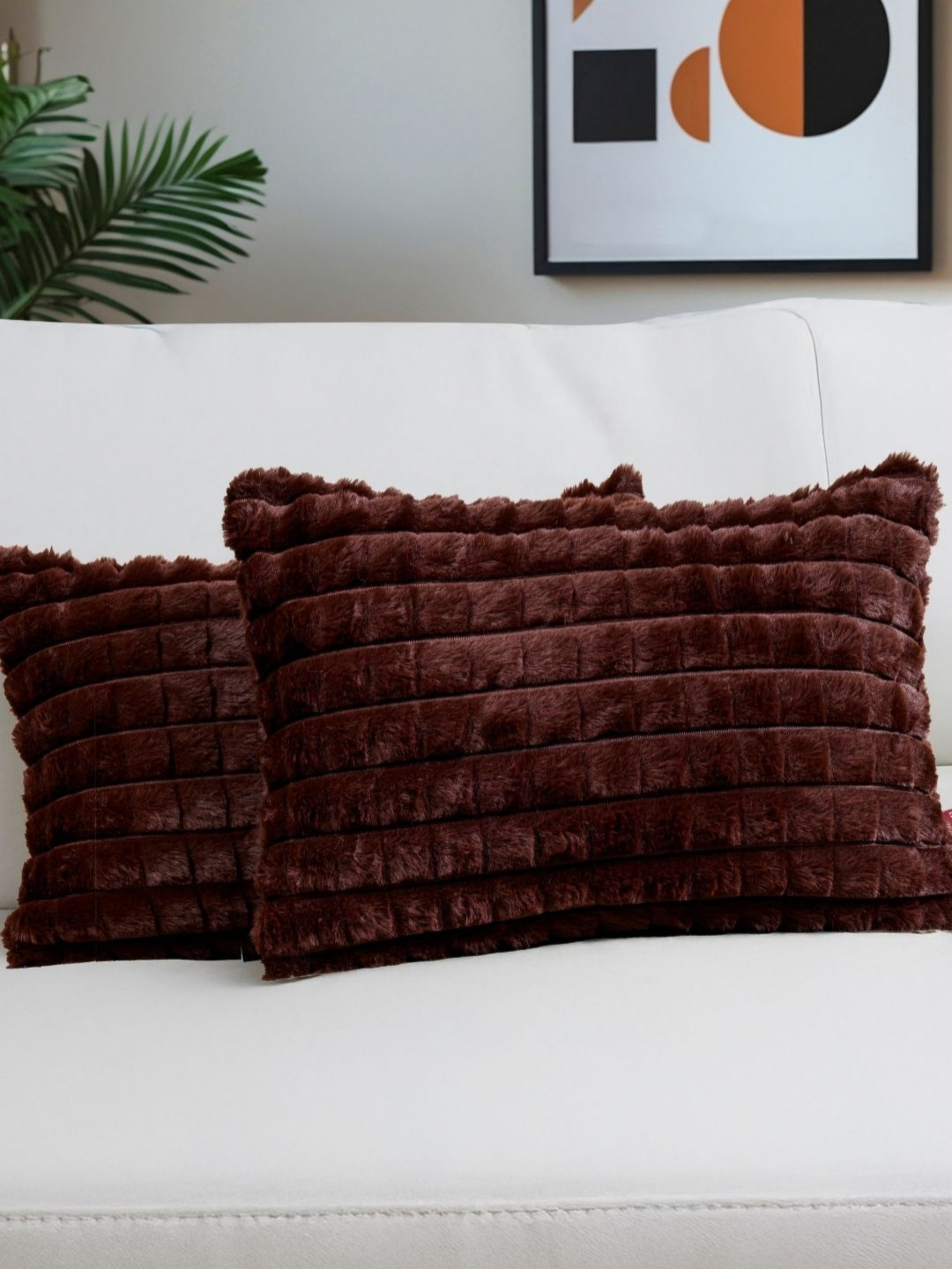 HOMADORN Set of 2 Coffee Brown Checked Reversible Rectangle Fur Cushion Covers