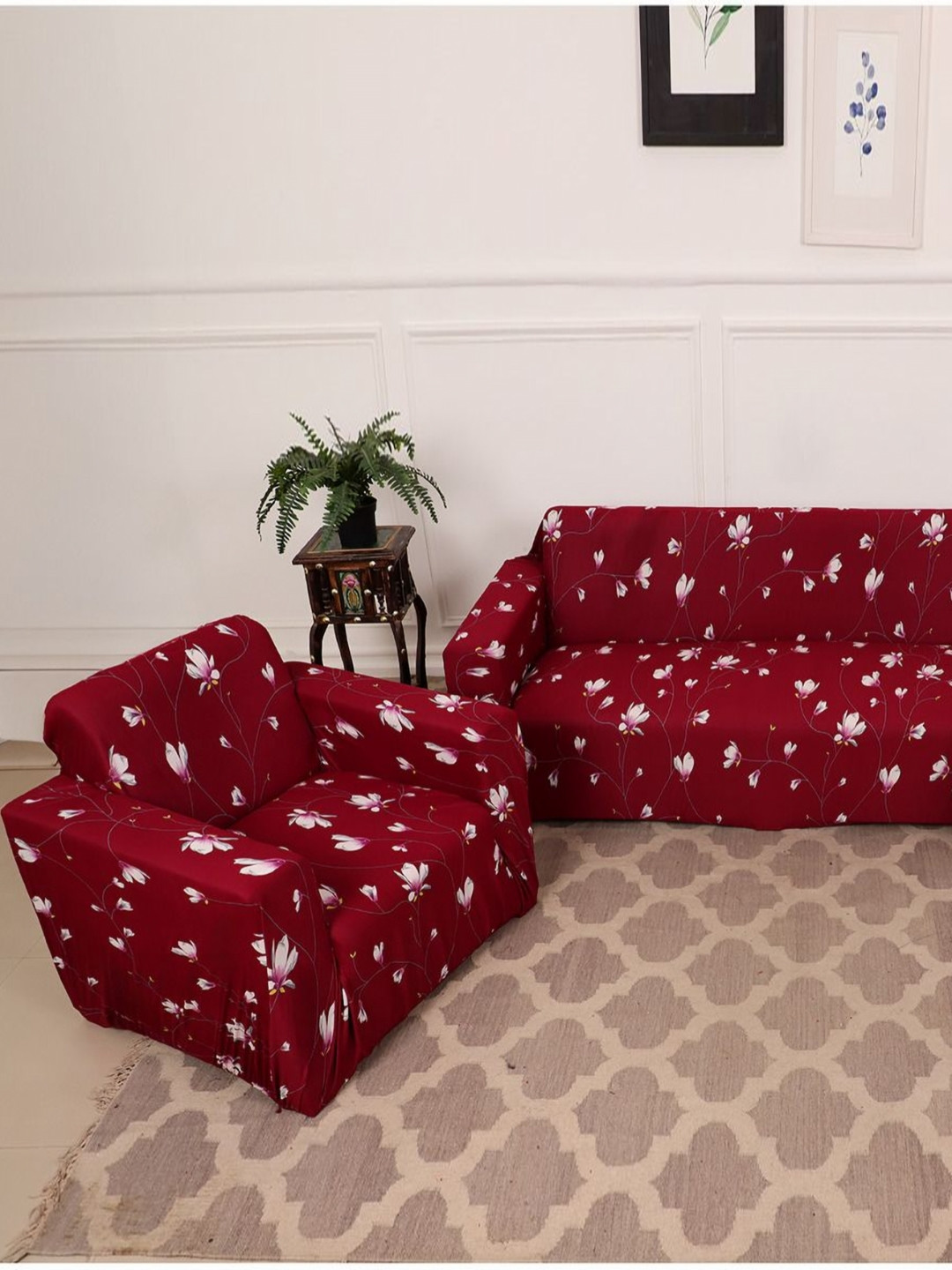 GIFTS ISLAND Maroon & Pink Printed Polyester 3 Piece Sofa Cover With Arms