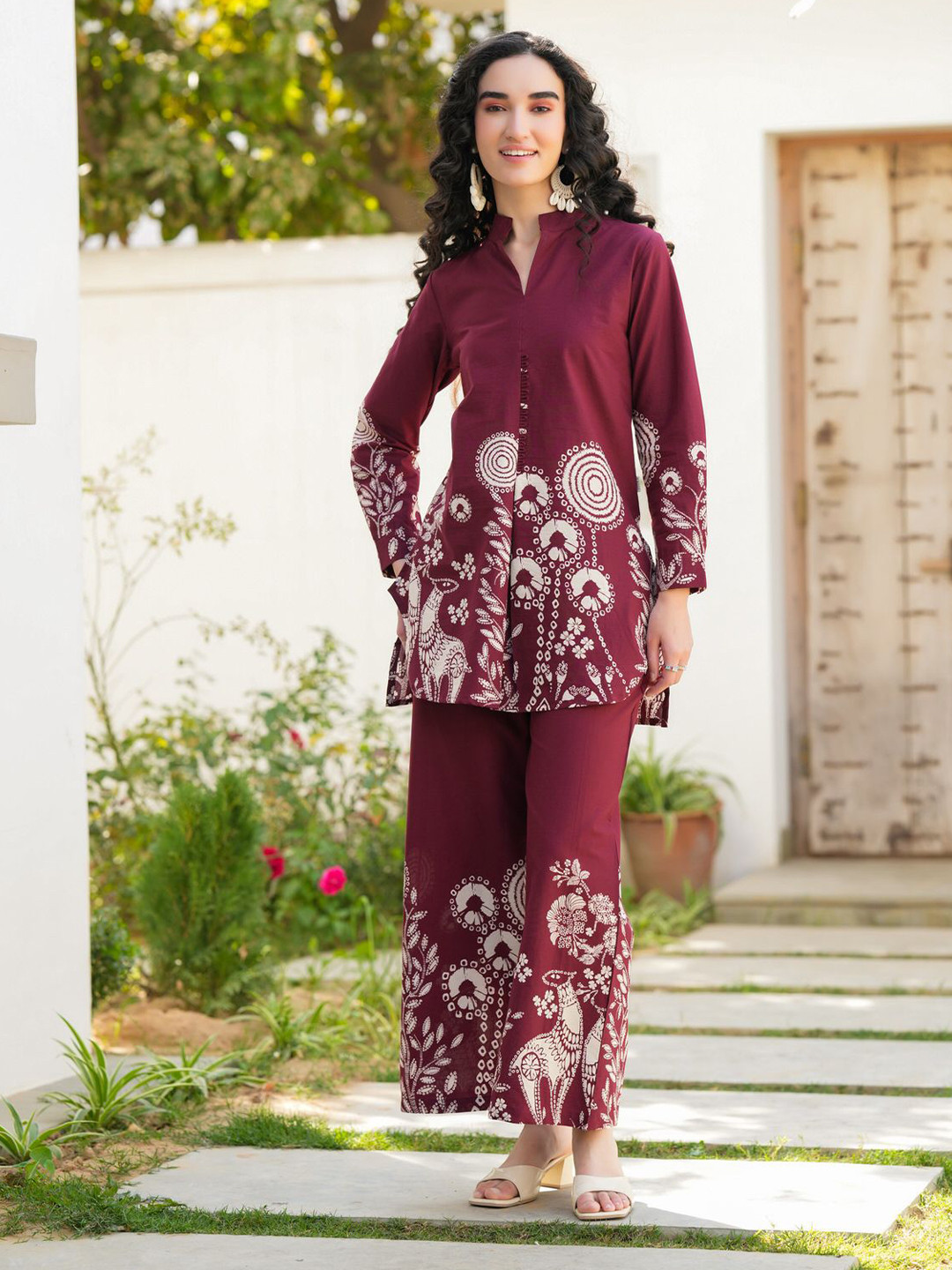 JISORA Women's Wine Printed Cotton Co-ord Set