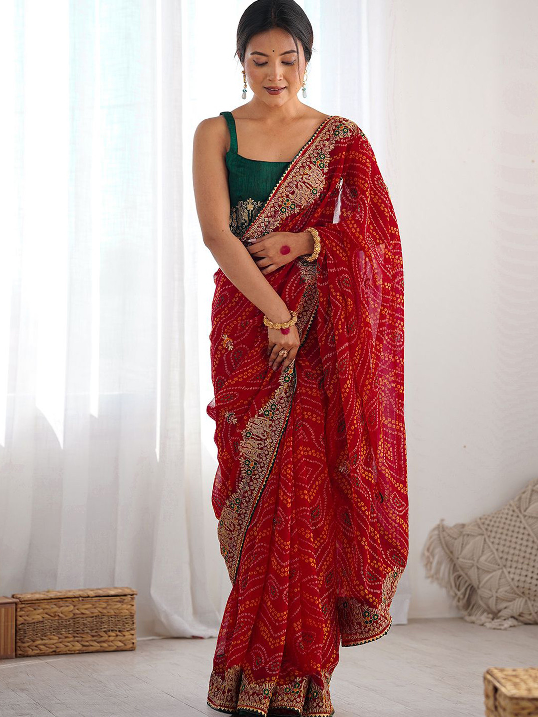 Satrani Bandhani Kutchi Embroidery Pure Georgette Bandhani Saree