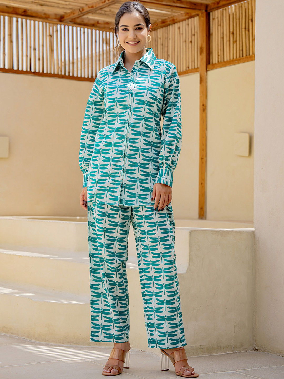 HOUSE OF MORA Printed Shirt Collar Pure Cotton Shirt With Trousers Co-Ords