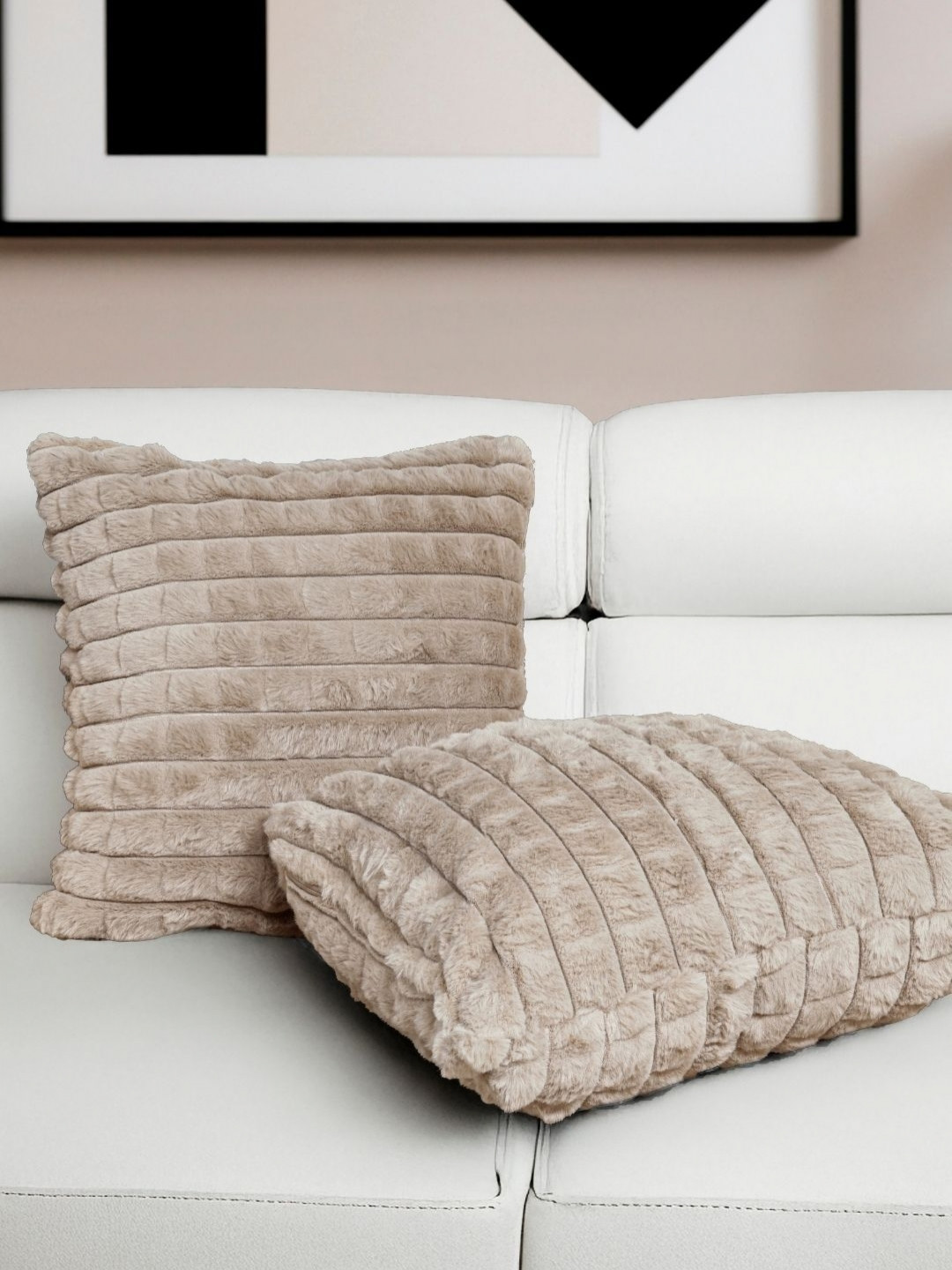 HOMADORN Camel Brown Set of 2 Checked Square Cushion Covers