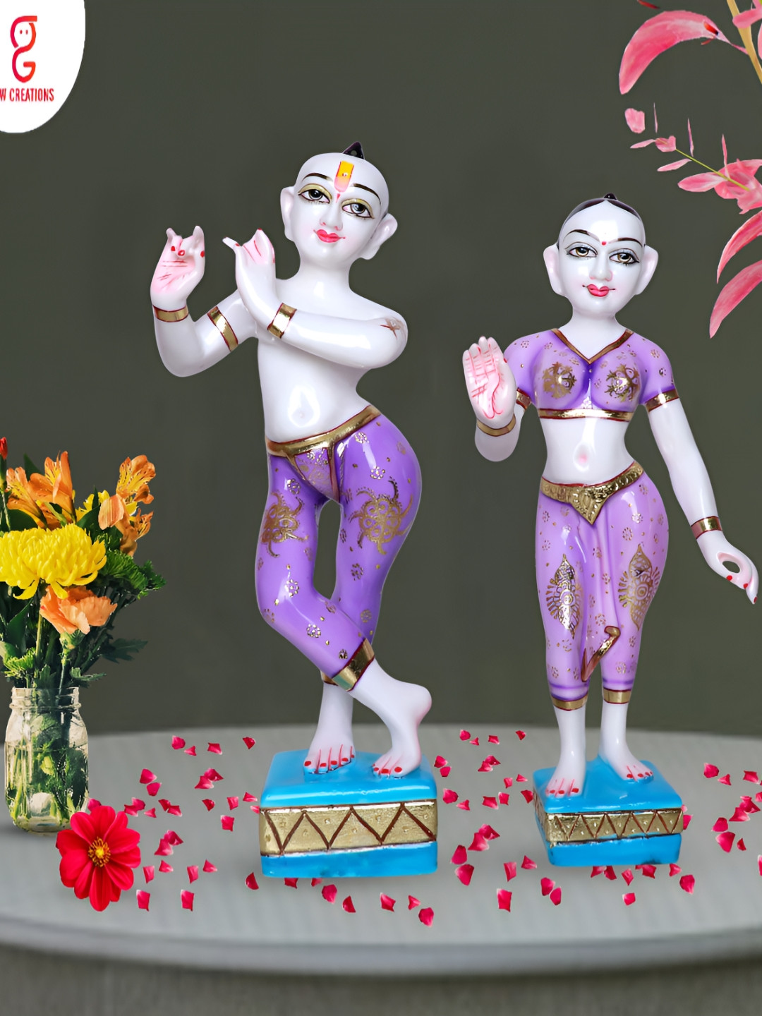GW CREATIONS Jugal Jodi Lavender Marble Glossy Prayer Room Set of 2 Large Showpieces - 3.9 Inches
