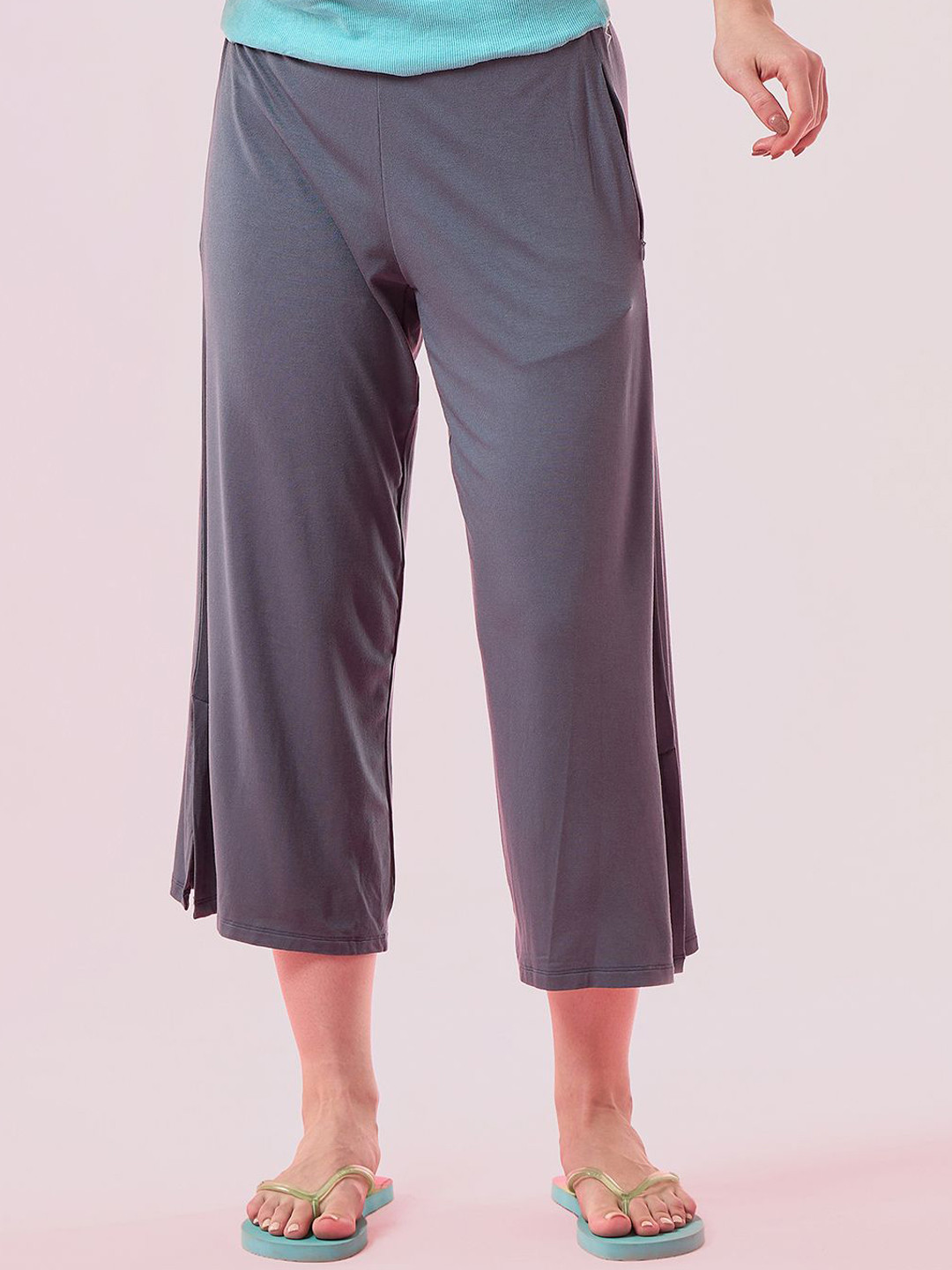 Enamor Mid Rise Crop Length Culotte With Smart Side Slits Straight-Leg Lounge Pant