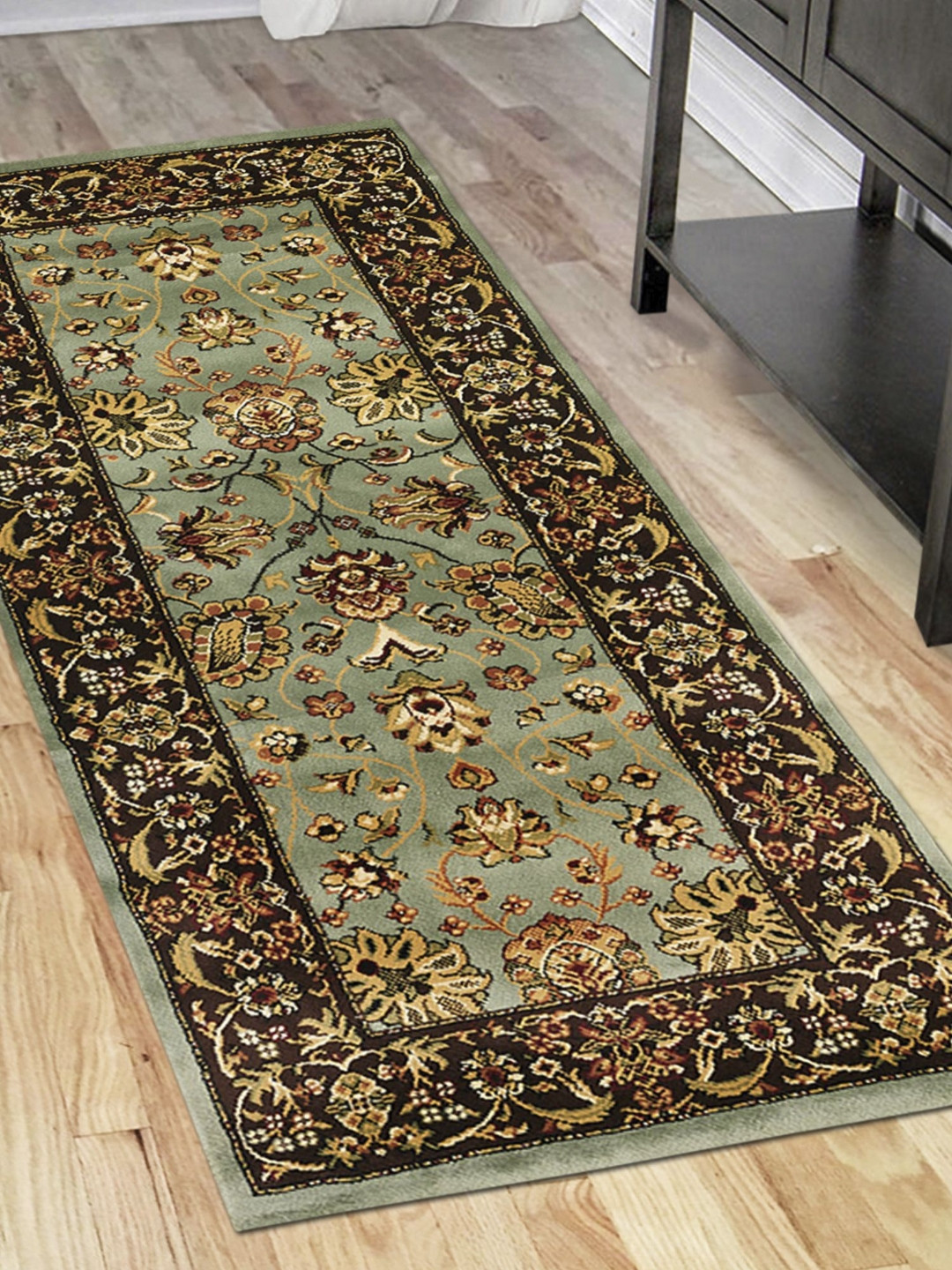 OBSESSIONS Pista-Green & Brown Rectangular Antistatic Non Slip Bedside Floor Runner