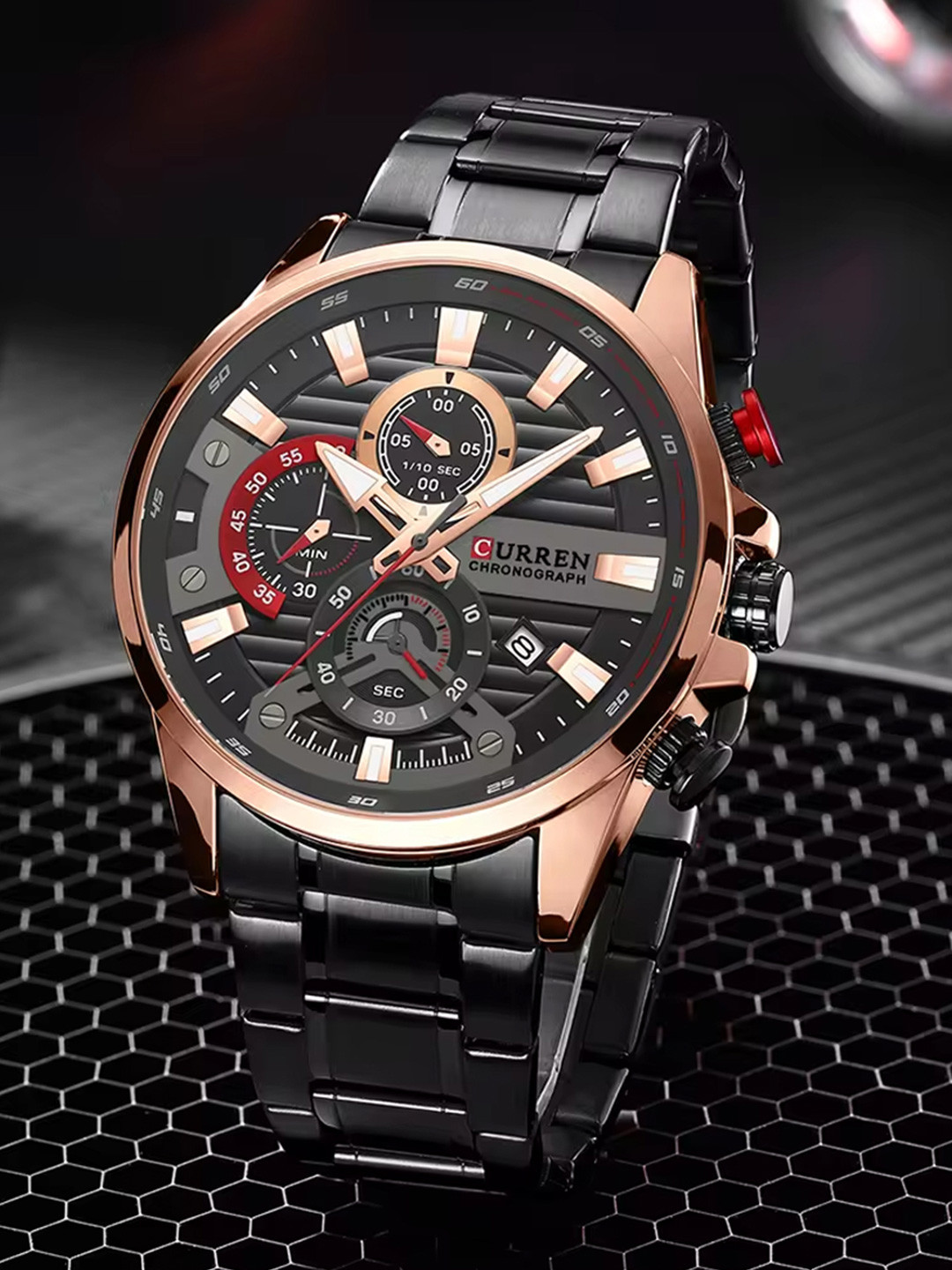 Curren Men Brass Dial & Stainless Steel Bracelet Style Straps Analogue Watch CR-8415-Black RG