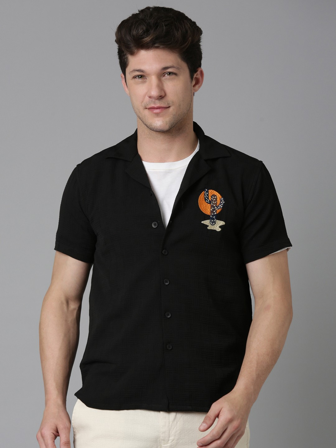 THE BEETEL HOUSE Men Relaxed Cactus Embroidered Texture Casual Shirt