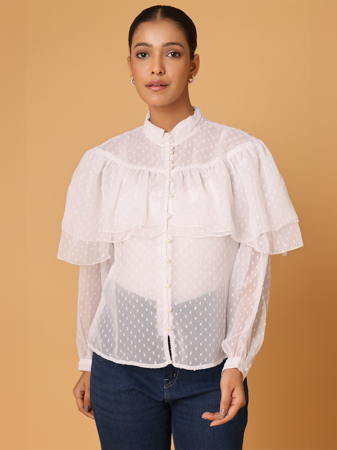 BLANC9 Mandarin Collar Cape Sleeve Georgette Top