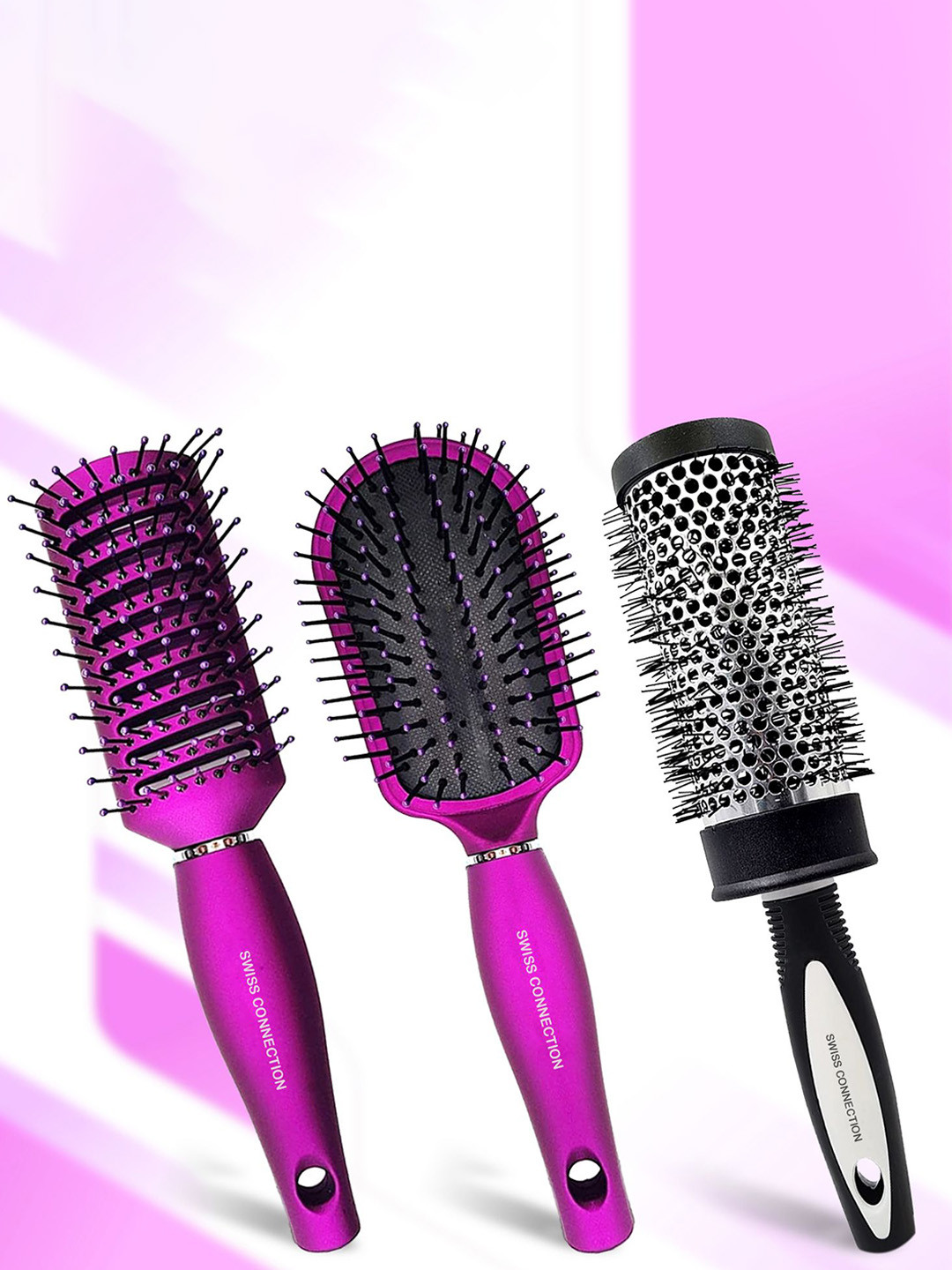 Swiss Connection Unisex Set Of 3 Detangling Vent & Blow Dry Professional Brushes 170 Pink
