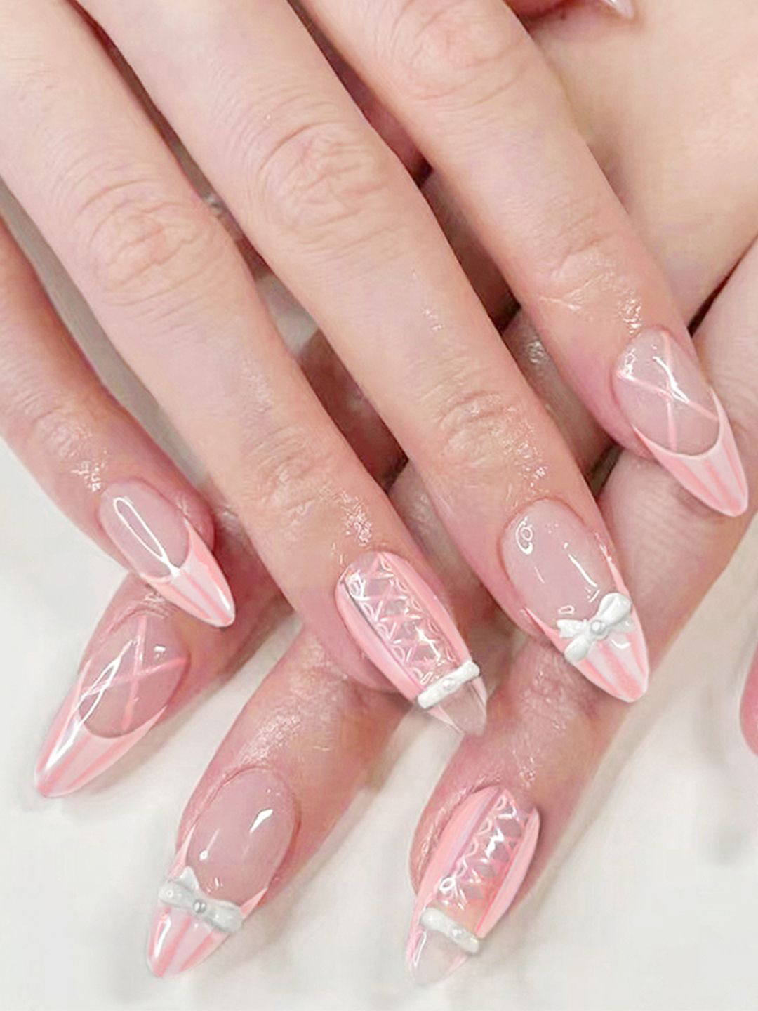 Secret Lives Set Of 24 Glossy With 3D Bow & Stud Cross Design Nails - Pink Princess