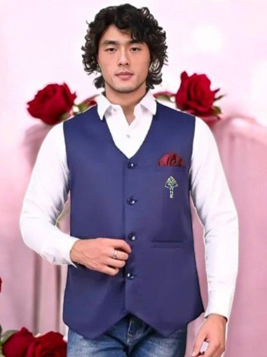 Seetoo V Neck Woven Design Formal Waistcoat With Brooch