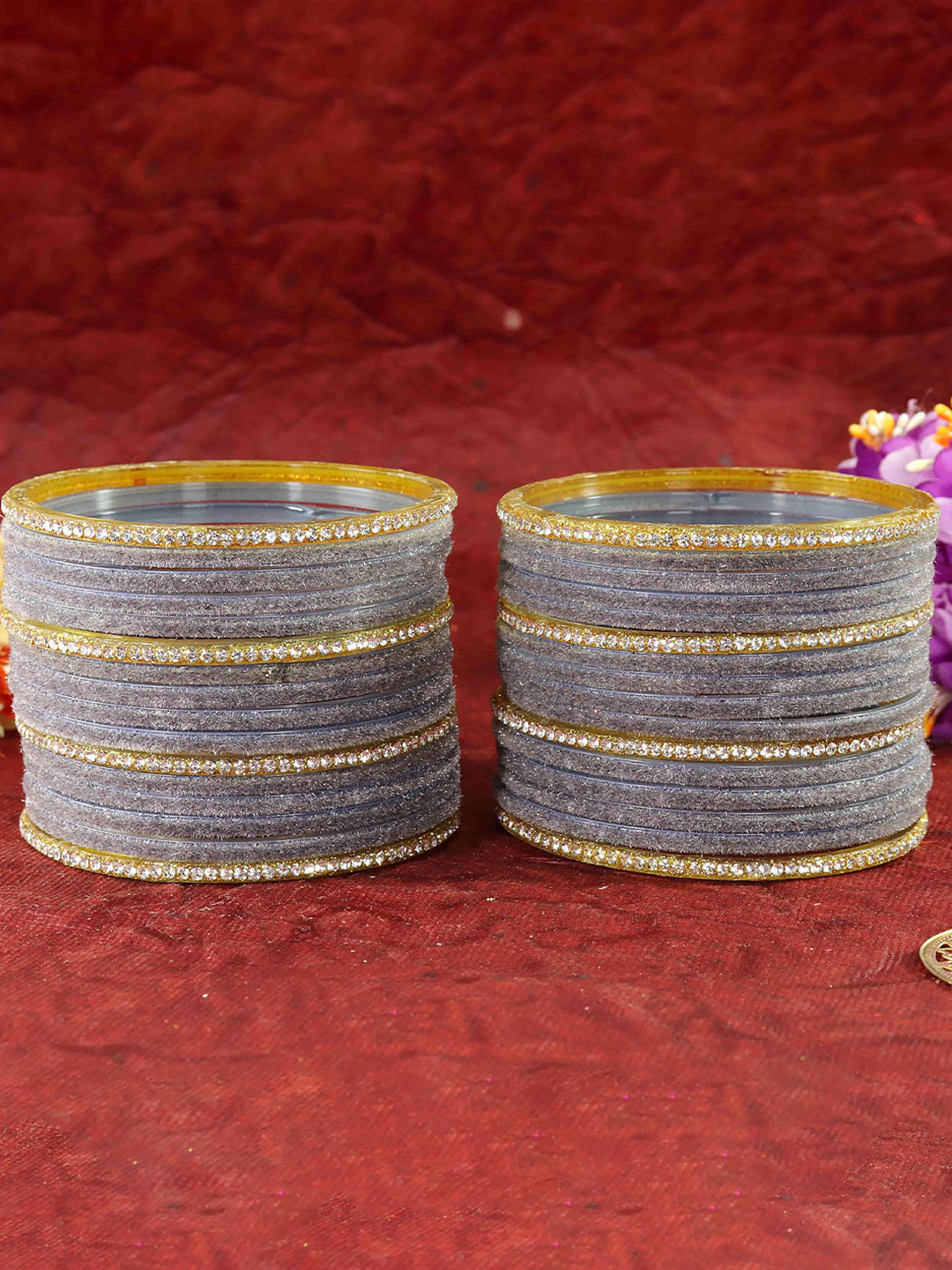 ZULKA Set Of 32 Velvet With Zircon Diamond Stones Studded Bangles