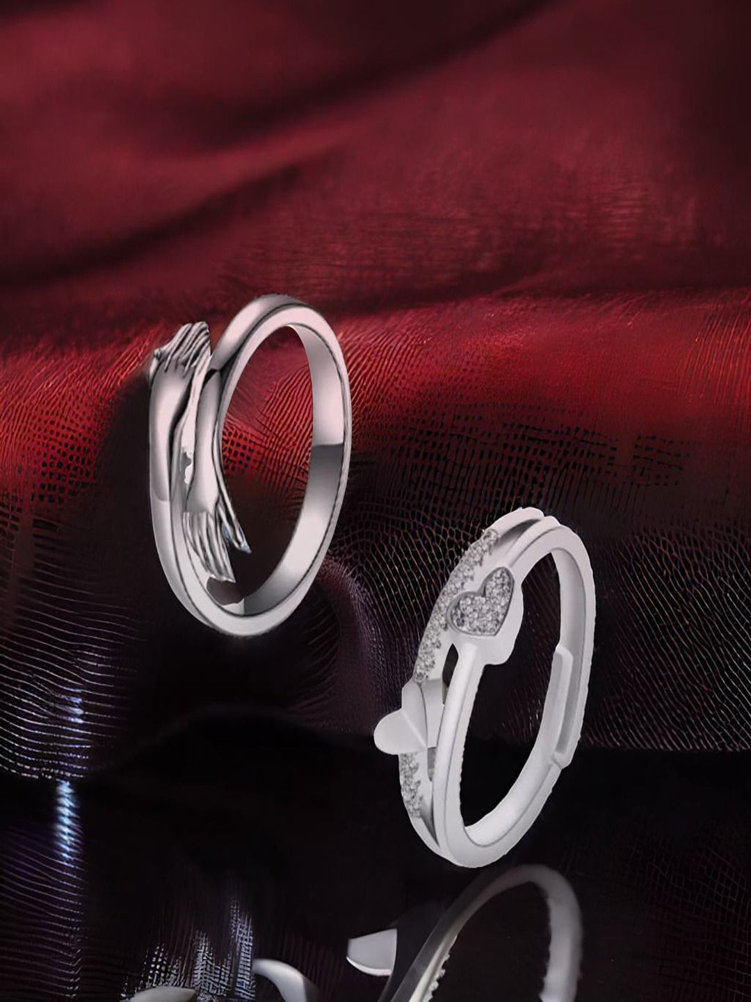 DressBerry Set Of 2 Rhodium-Plated Cubic Zirconia Studded Hug & Dual Heart Finger Rings