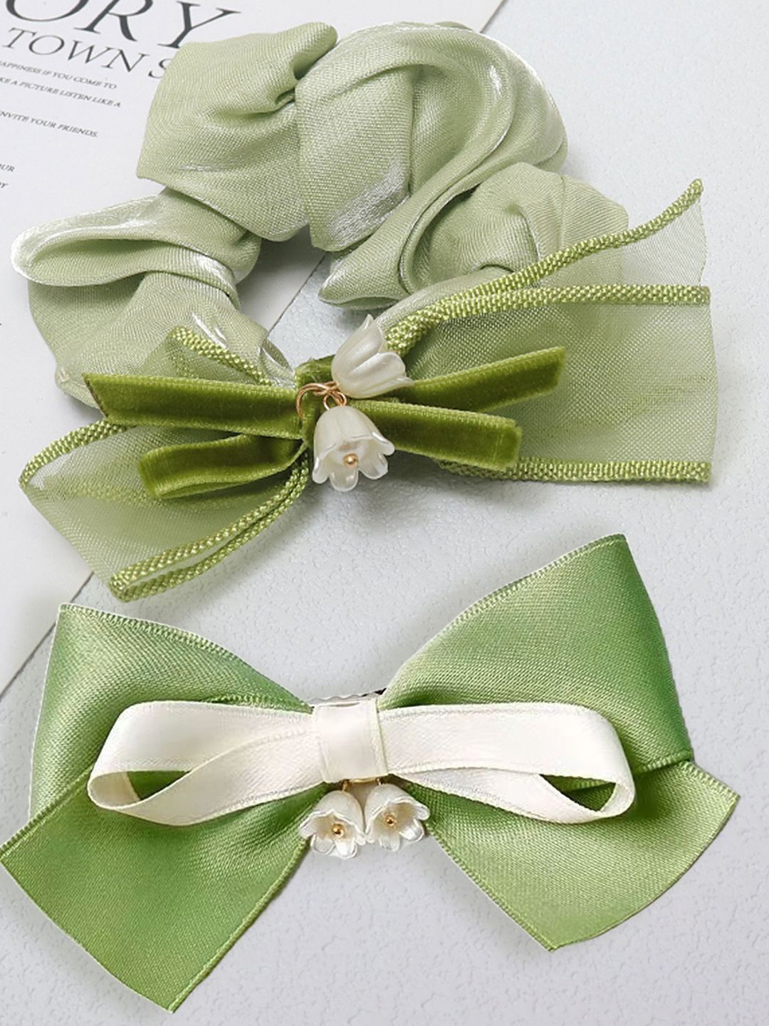 LYKAA Set of 2 Green Satin Silk Layered Hair Bow and Hair Scrunchies Combo