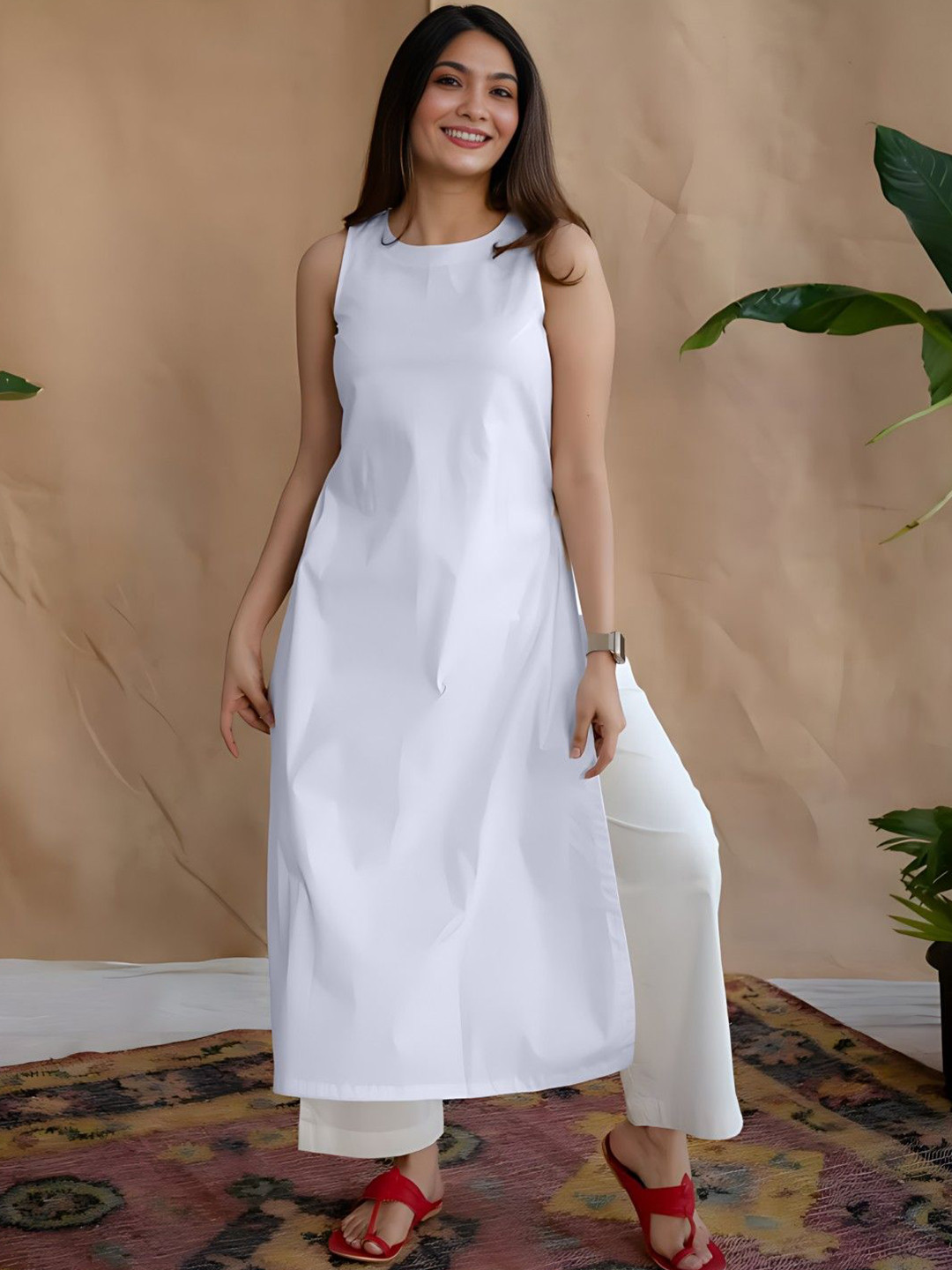 Lookmark Women White Solid Boat Neck Sleeveless Straight Kurti