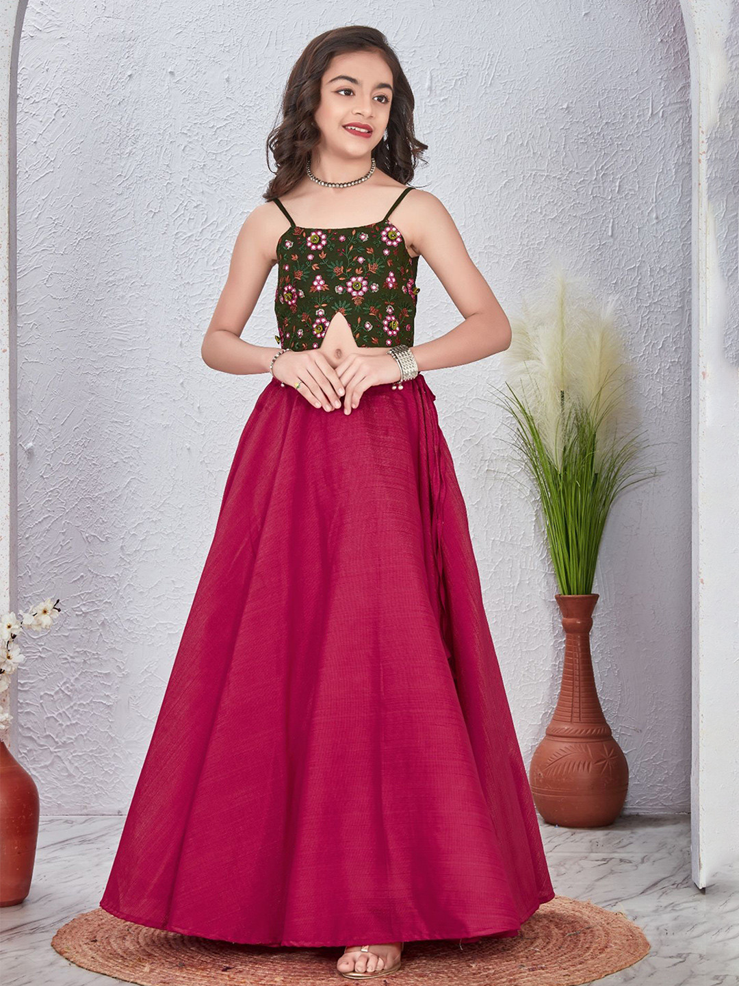 Anneca Girls Embroidered Thread Work Ready to Wear Lehenga &