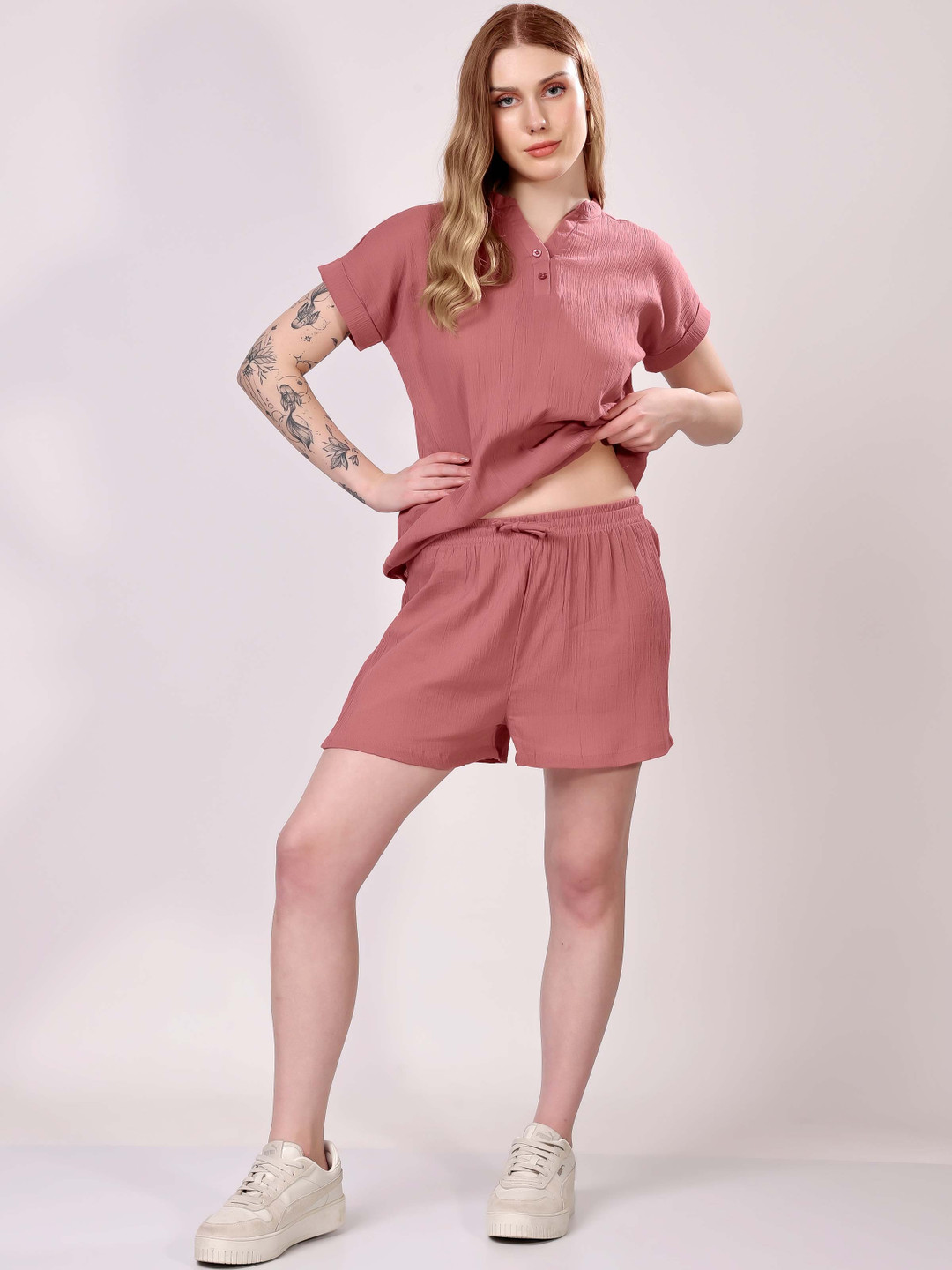 London Hills Mandarin Collar Pure Cotton Top With Shorts