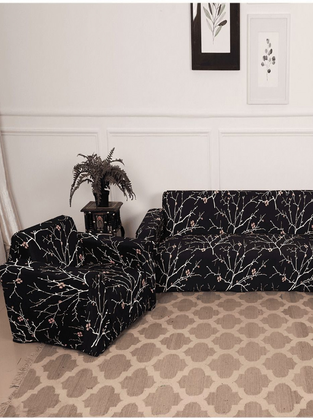 GIFTS ISLAND Black & White Printed Polyester 3 Piece Sofa Cover With Arms