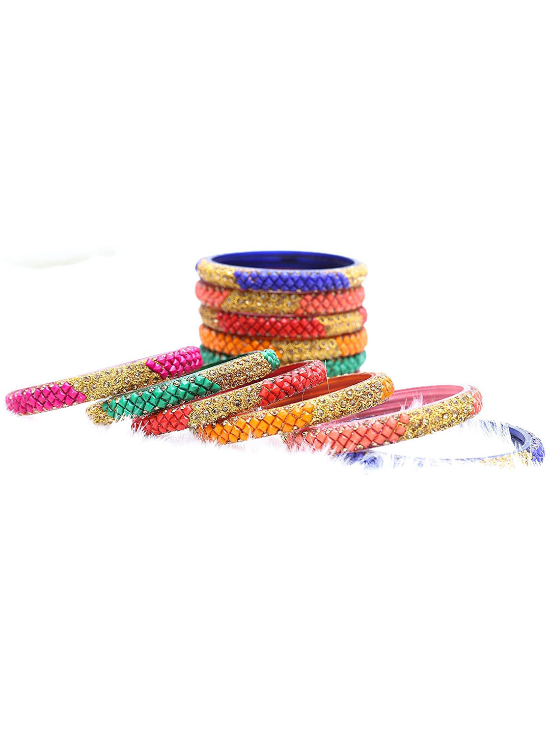 ZULKA Set Of 12 Glass With Zircon Gemstone Studded & Beaded Bangles