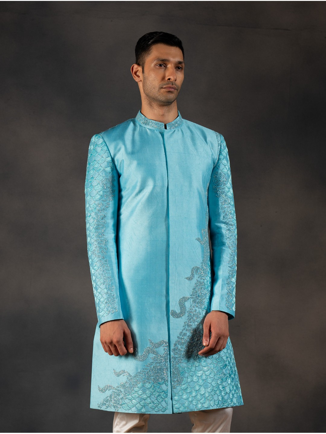 HILO DESIGN Embroidered Pure Silk Underwater Bliss Sherwani Set